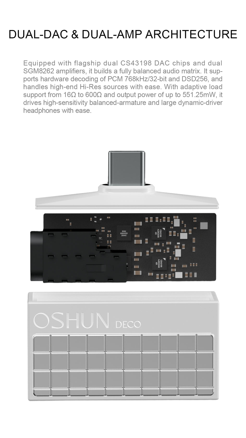 Technical product graphic for an Oshun Deco audio device showing a dual stacked design with a black dual-DAC section and a silver dual-amp section, labeled 'DUAL-DAC & DUAL-AMP ARCHITECTURE' on a white background.