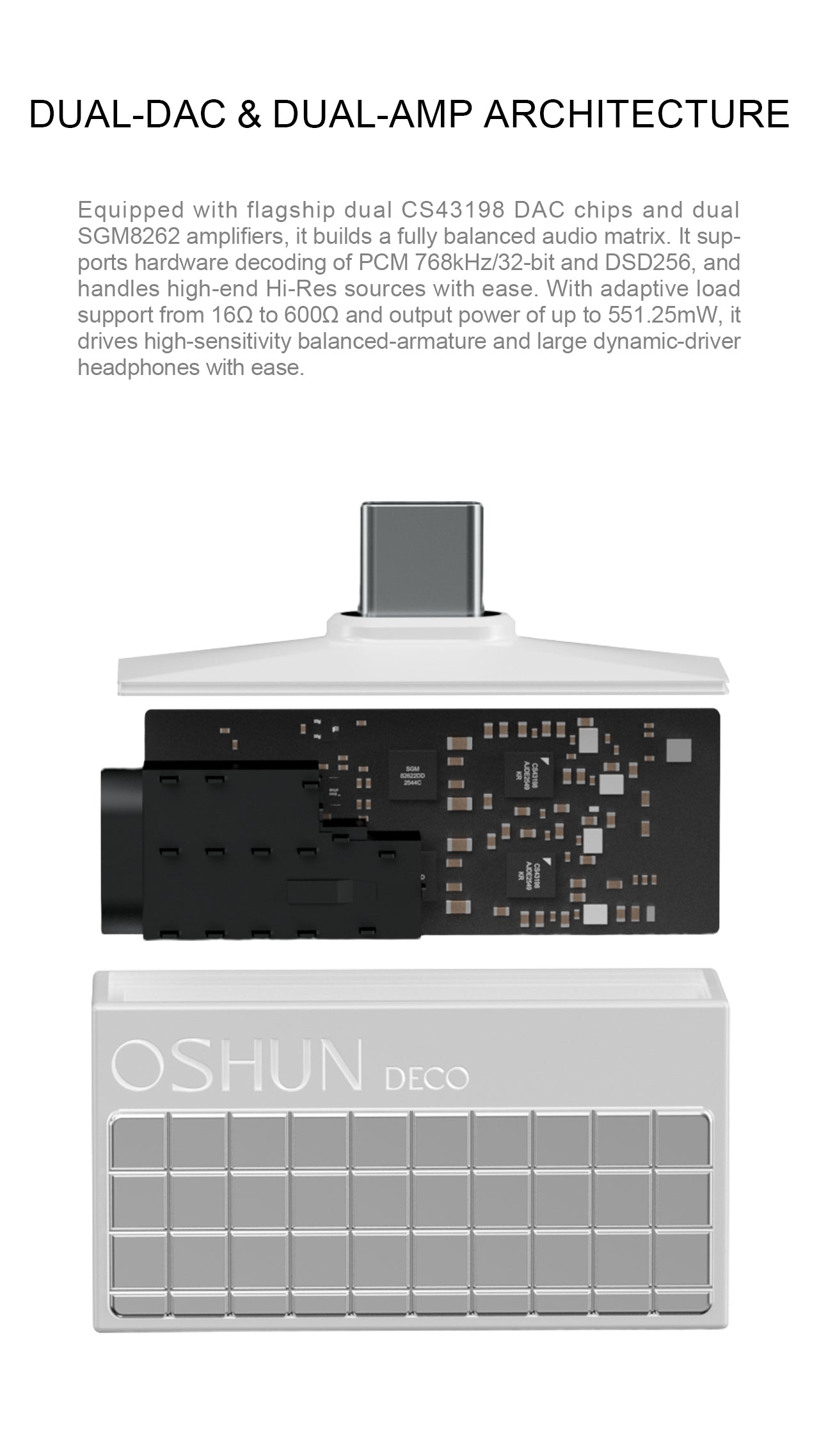 Technical product graphic for an Oshun Deco audio device showing a dual stacked design with a black dual-DAC section and a silver dual-amp section, labeled 'DUAL-DAC & DUAL-AMP ARCHITECTURE' on a white background.