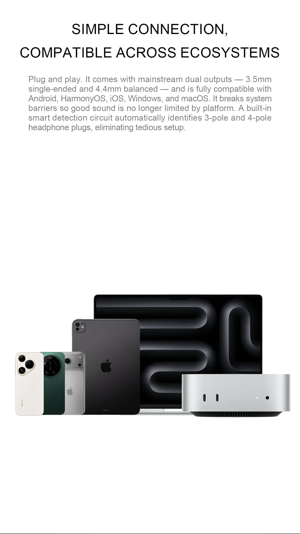 Promotional product graphic for a wireless earbud charging case and earbuds, showing compatibility text at the top and multiple device mockups below on a white background.