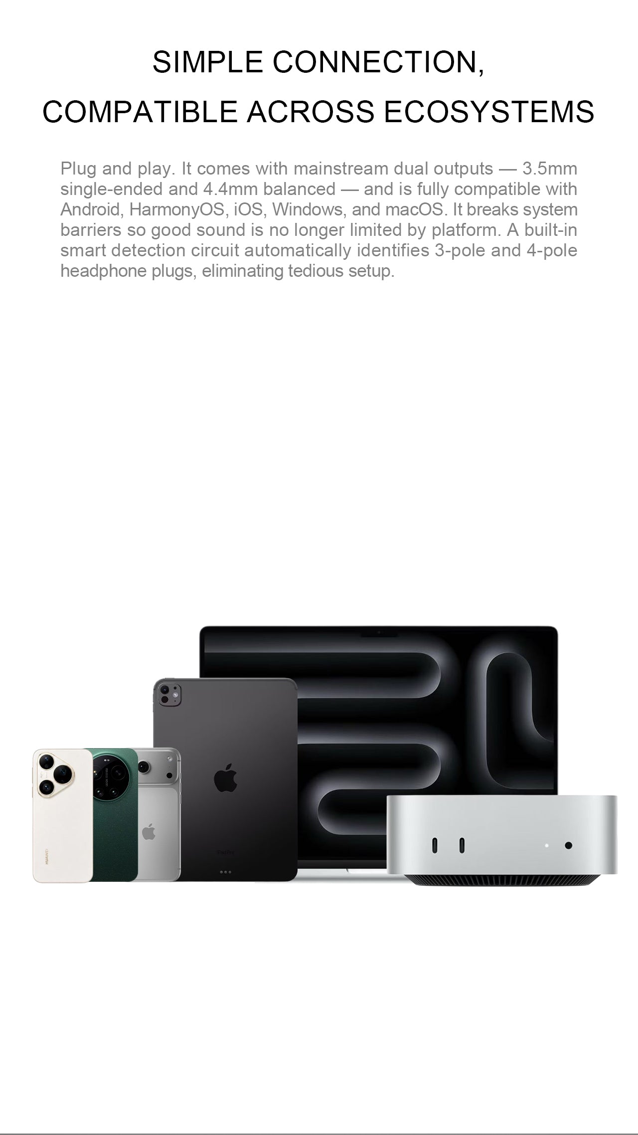 Promotional product graphic for a wireless earbud charging case and earbuds, showing compatibility text at the top and multiple device mockups below on a white background.