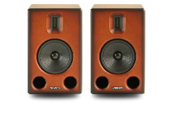 Compact wooden portable speaker pair with black woofer and two side bass ports