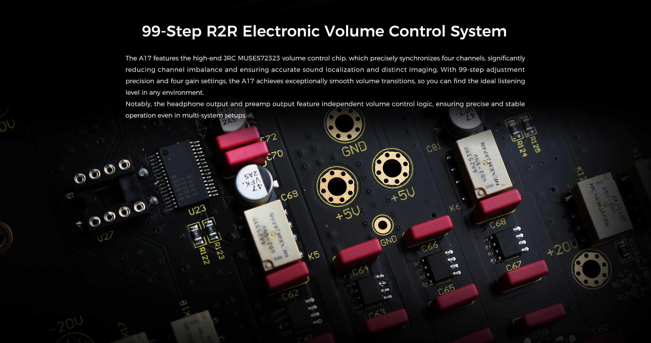 Headphone amplifier internal circuit board with capacitors, resistors, and connector blocks
