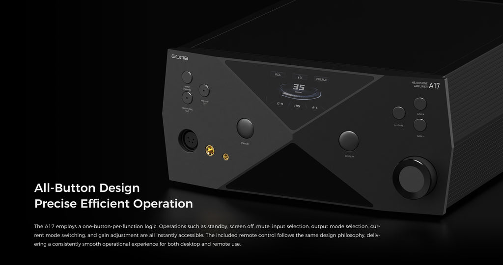 Headphone amplifier with front control knobs and digital display, dark gray finish