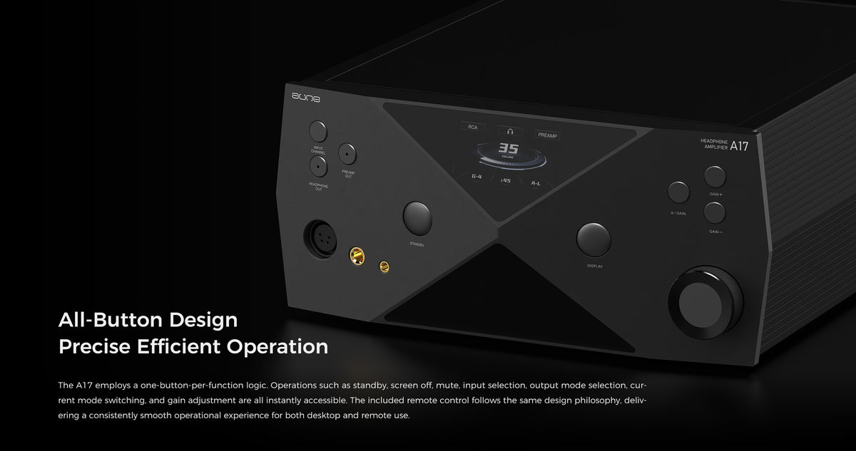 Headphone amplifier with front control knobs and digital display, dark gray finish