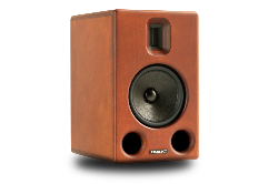 Wooden portable speaker side view with black woofer and two lower ports