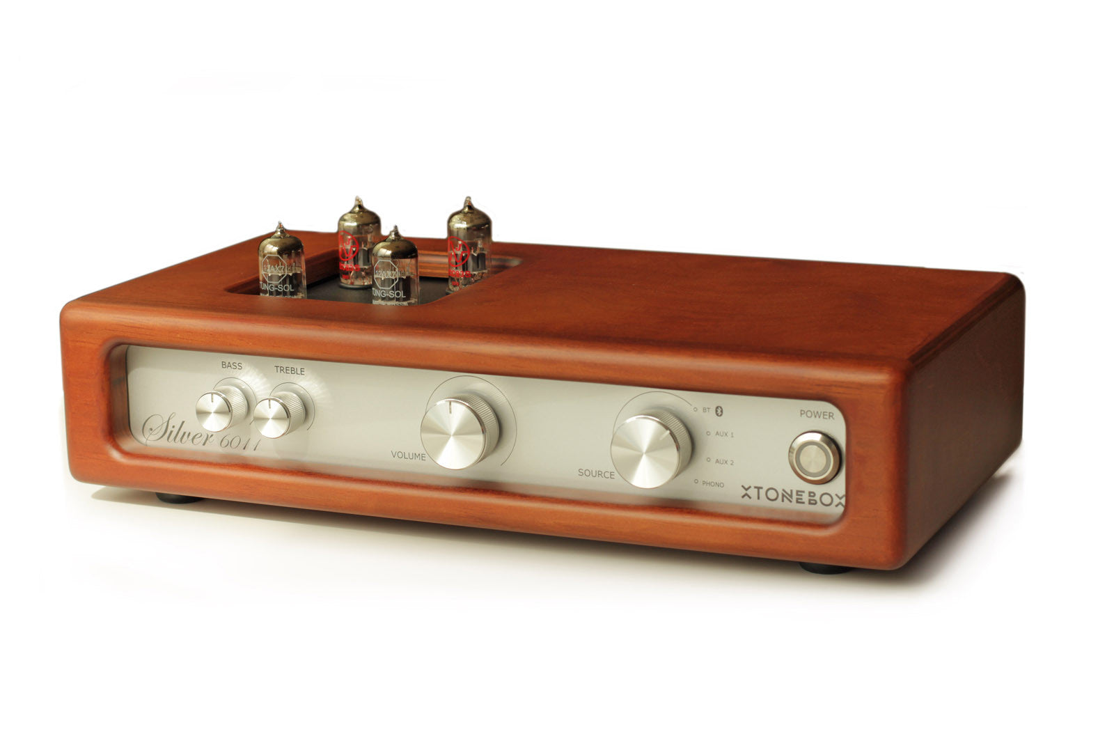 Wooden audio amplifier with silver front panel, three main knobs and power indicator