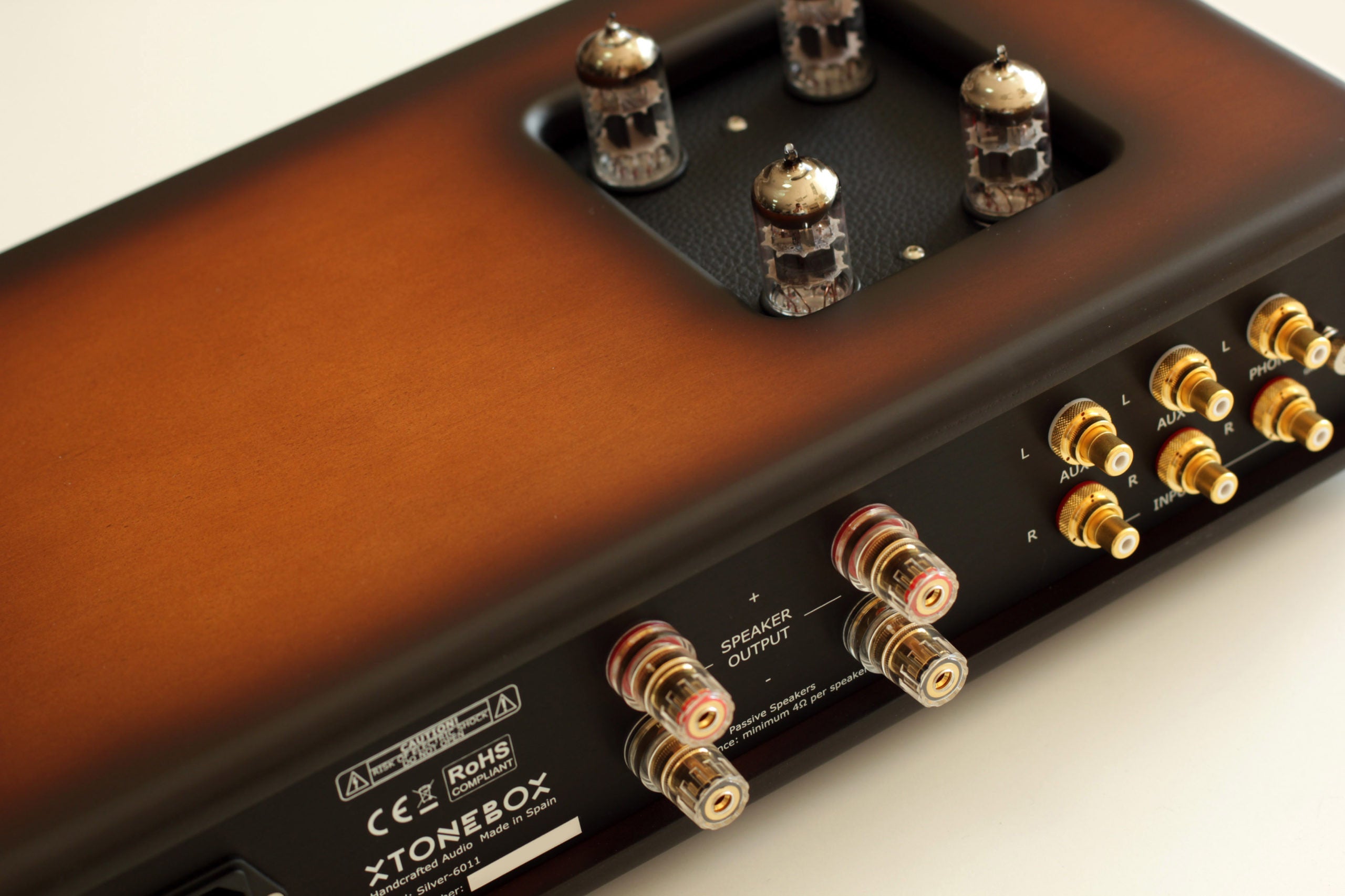 Audio amplifier rear panel with speaker terminals and audio input/output connectors