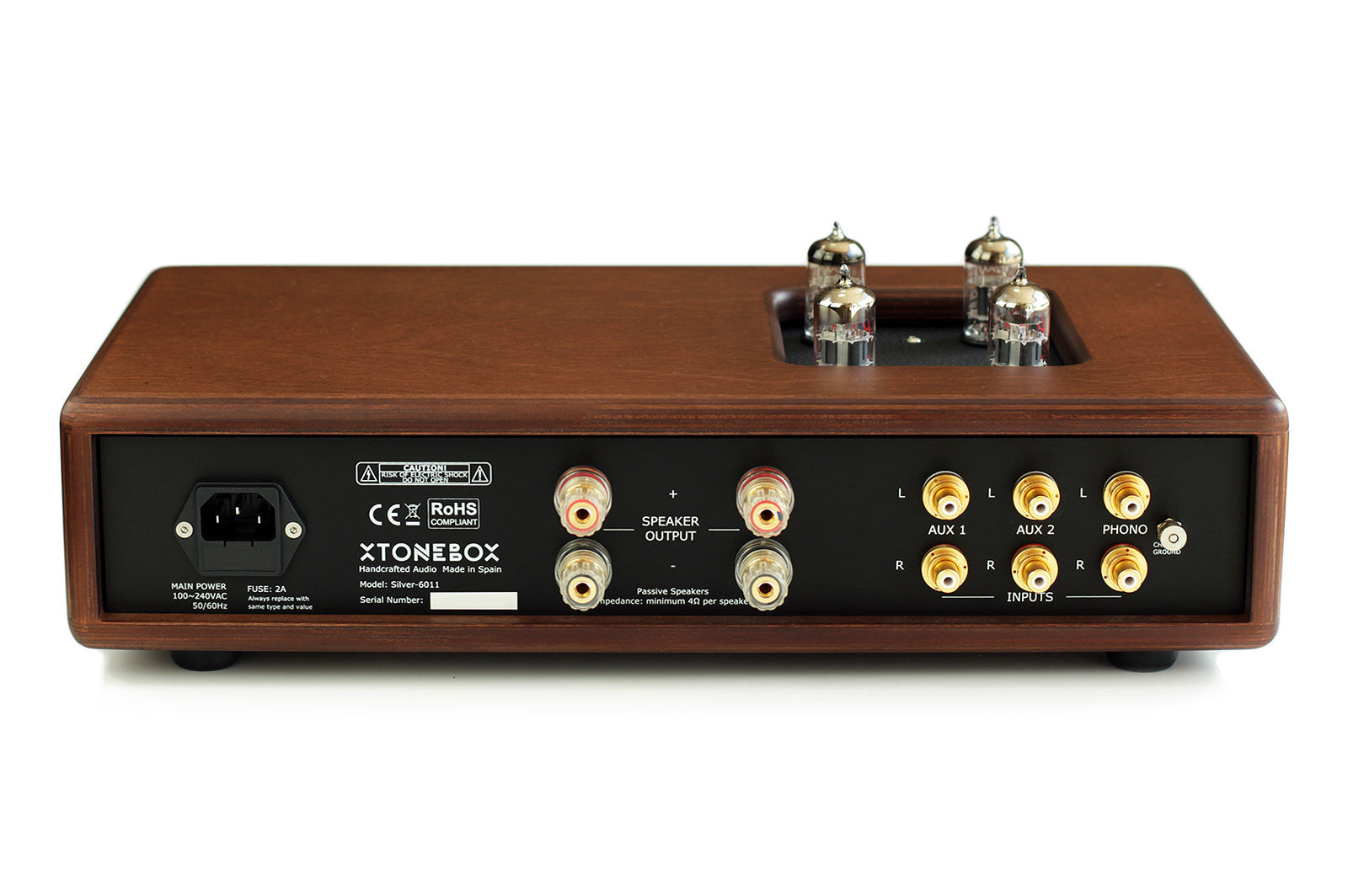Wooden audio amplifier back panel with power socket and RCA input/output ports