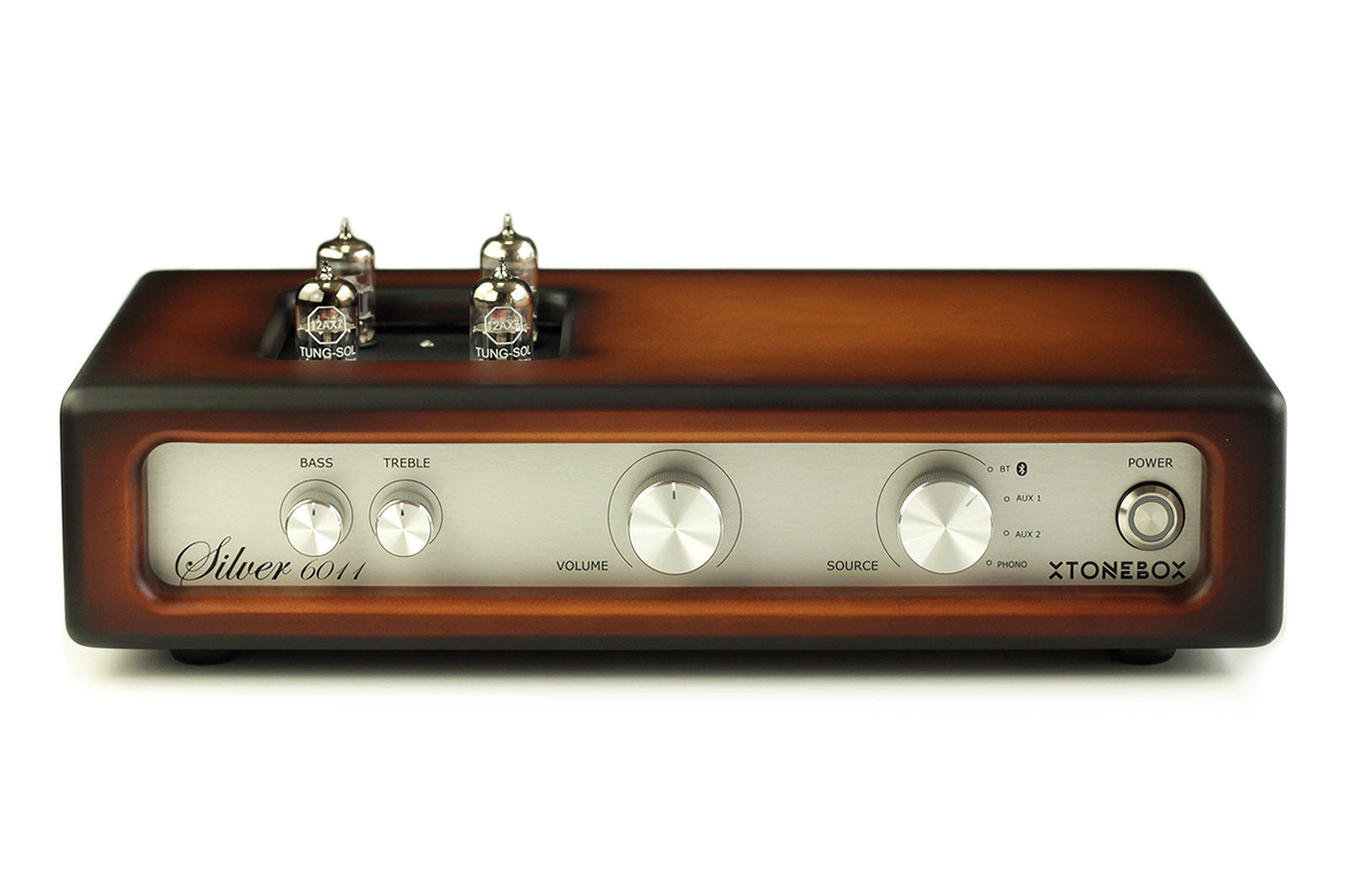 Wooden audio amplifier with silver control panel, bass/treble knobs and power switch