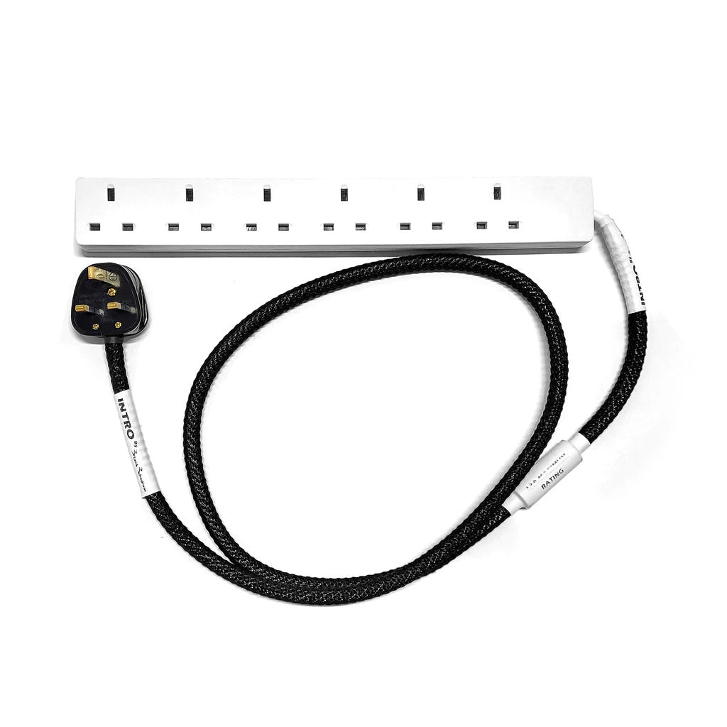 Black cable with plug and labeled connectors for 6-way power distribution