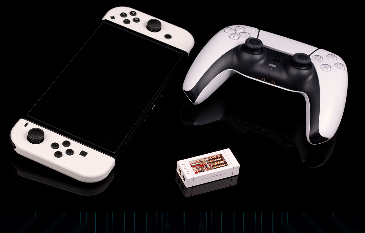 White handheld audio device, game controller, and small portable DAC/headphone amp box