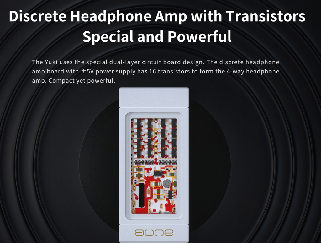 White portable DAC/headphone amp featuring circuit board module centered