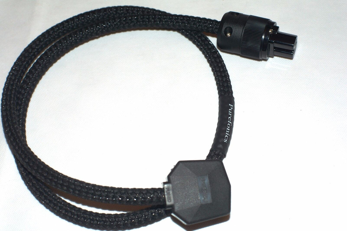 Black braided cable with Purefonics text and two power connectors