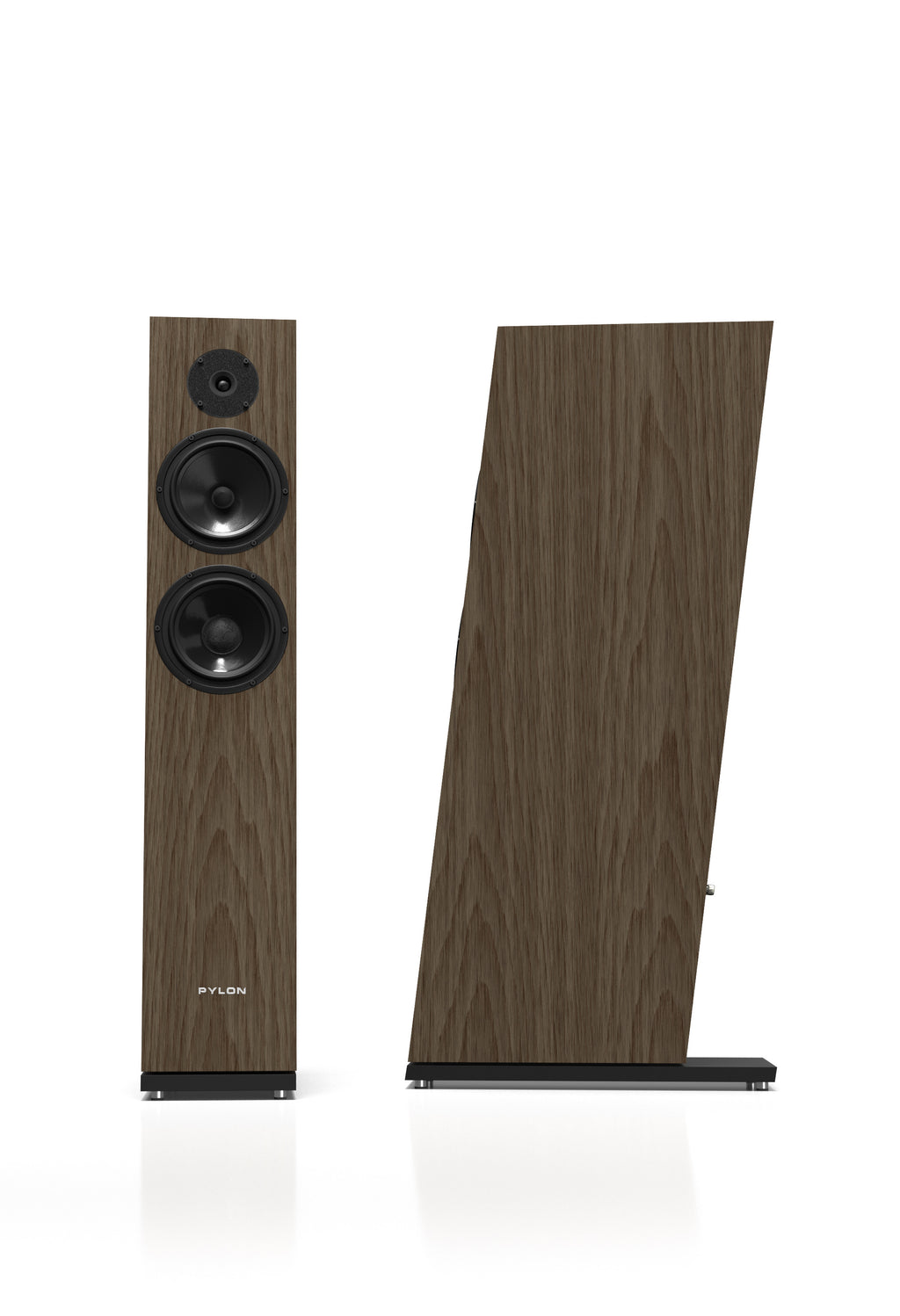 Floor-standing speaker pair in light natural wood finish; front drivers and side view.