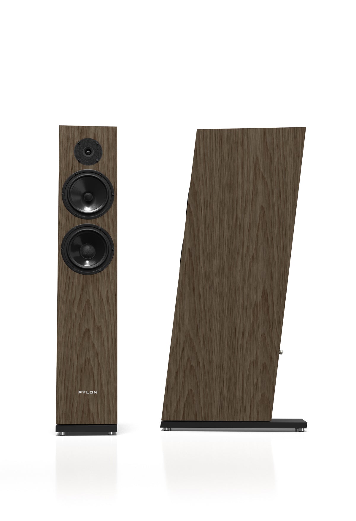Floor-standing speaker pair in light natural wood finish; front drivers and side view.