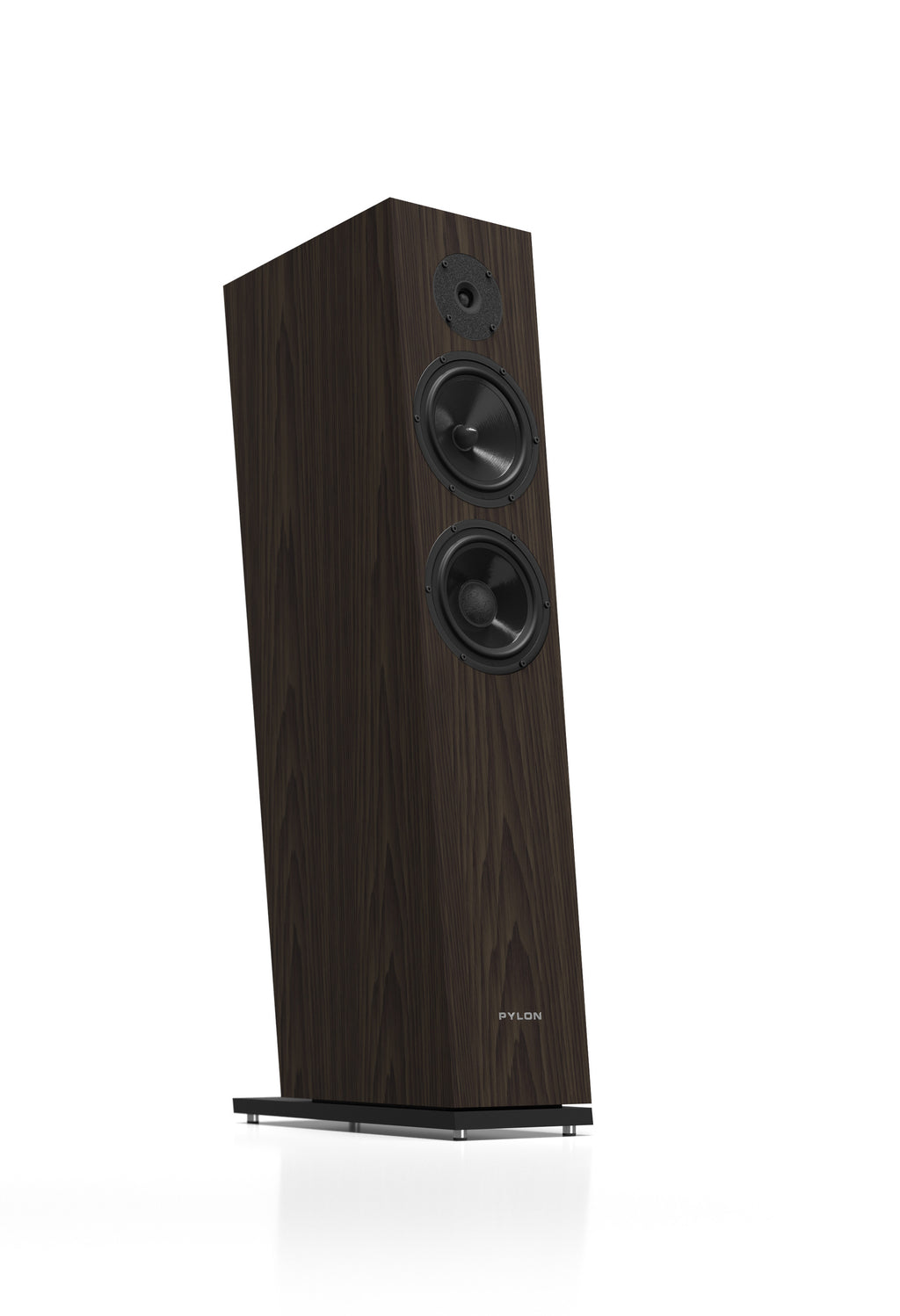Floor-standing speaker in dark wood veneer, angled view with tweeter and two woofers.