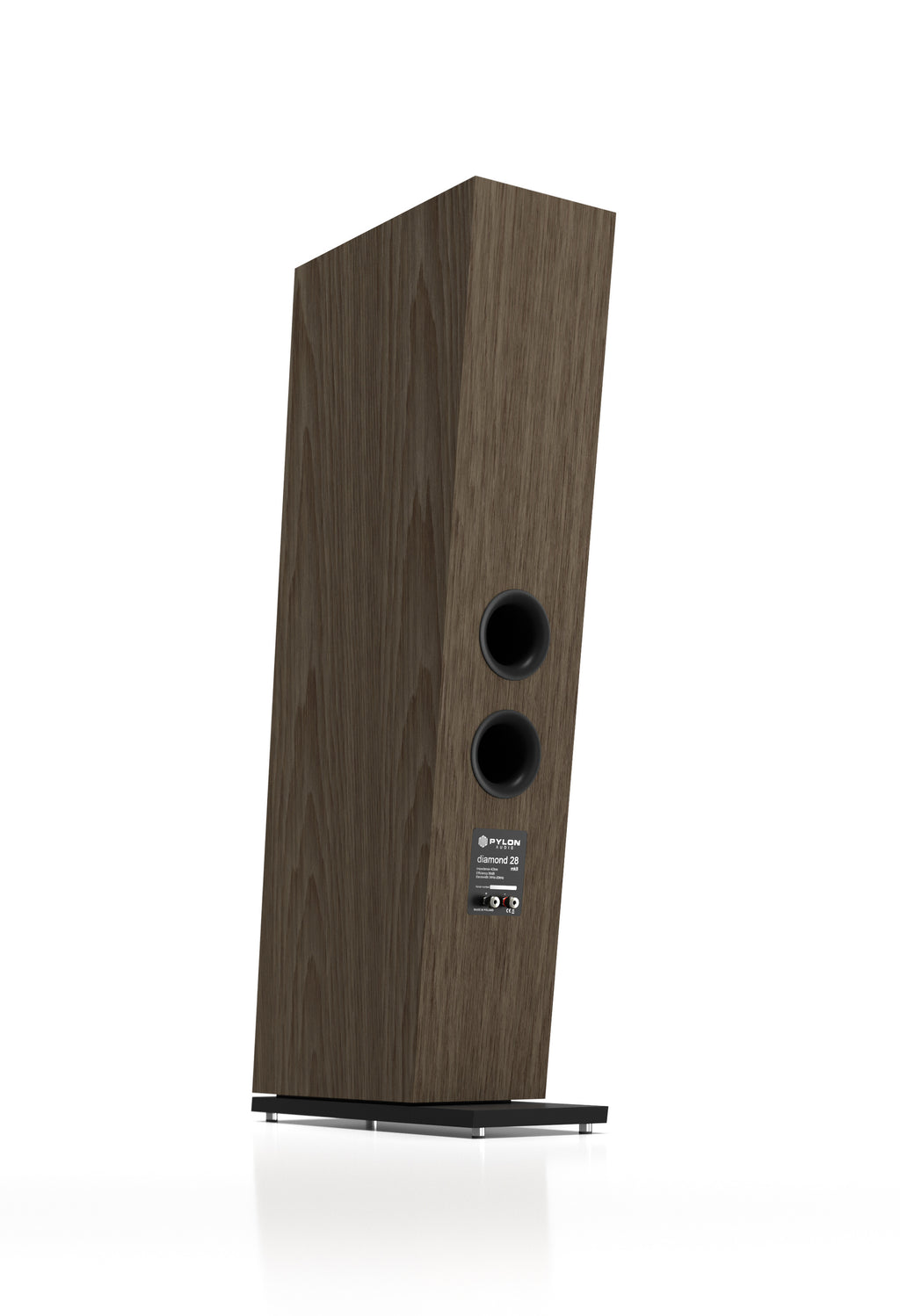 Floor-standing speaker in mid-tone wood veneer, back/side view with two driver ports.