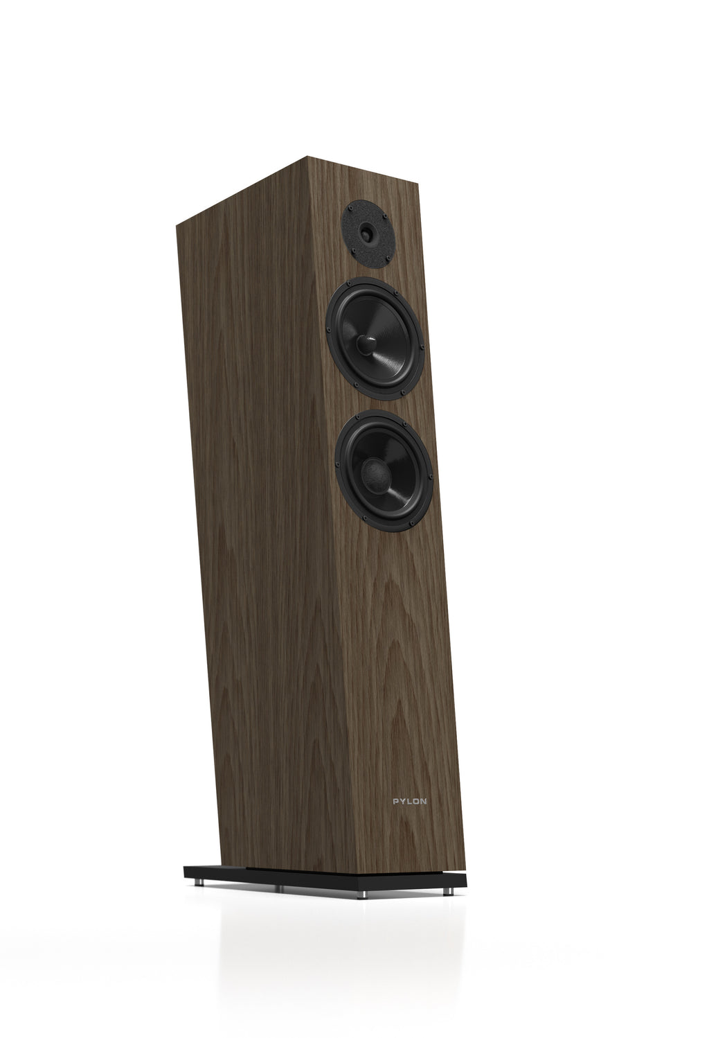 Dark wood tower speaker with two woofers and a tweeter, front view