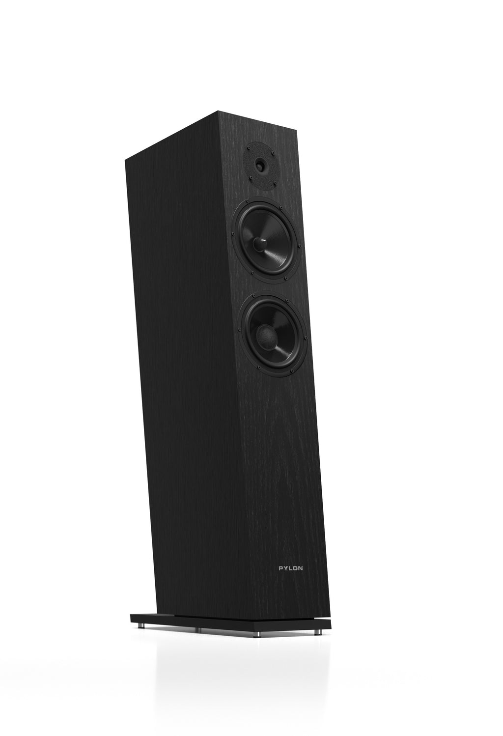 Black tower speaker with two woofers and a tweeter, front view