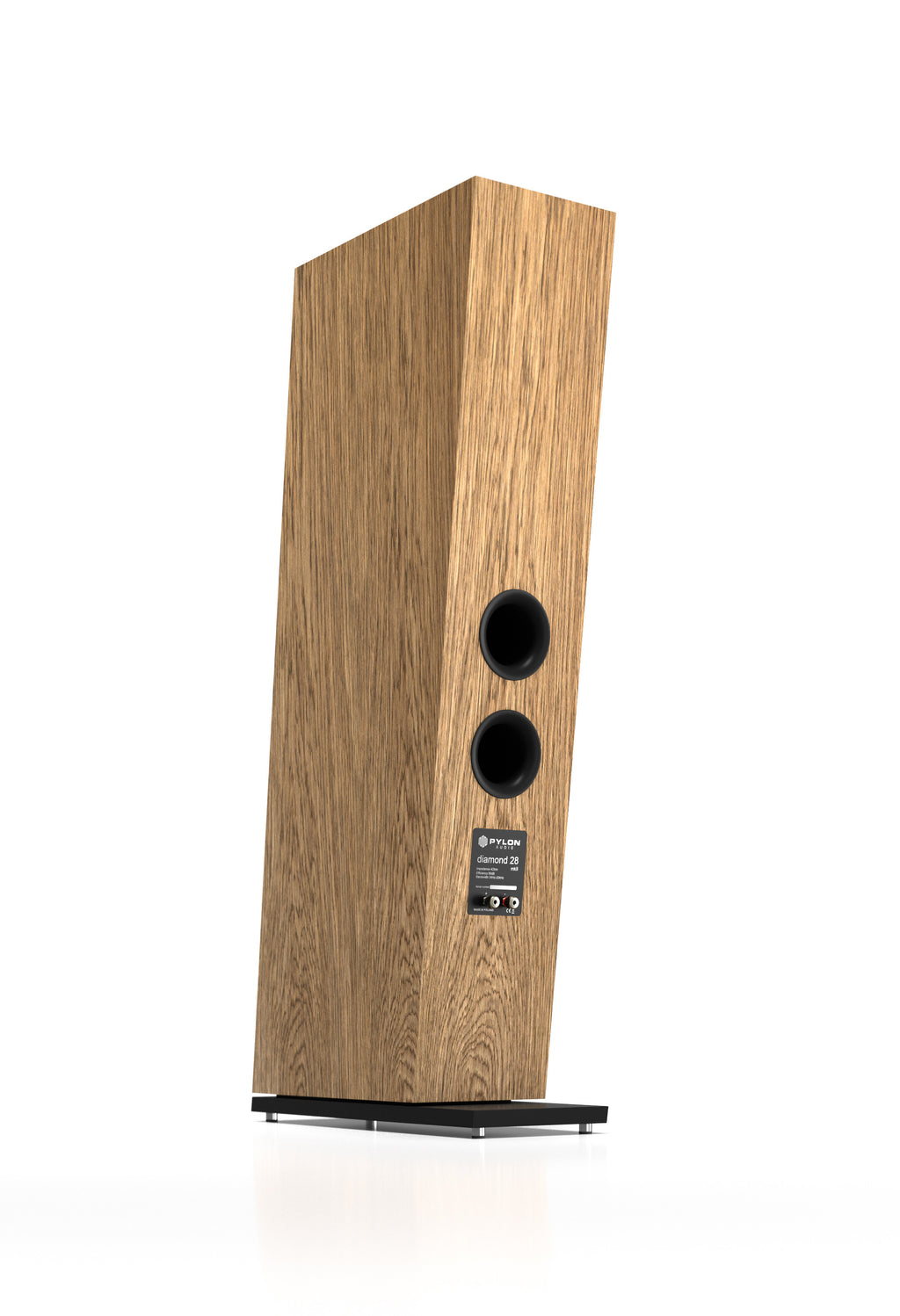 Light wood tower speaker with two woofers and a tweeter, side view