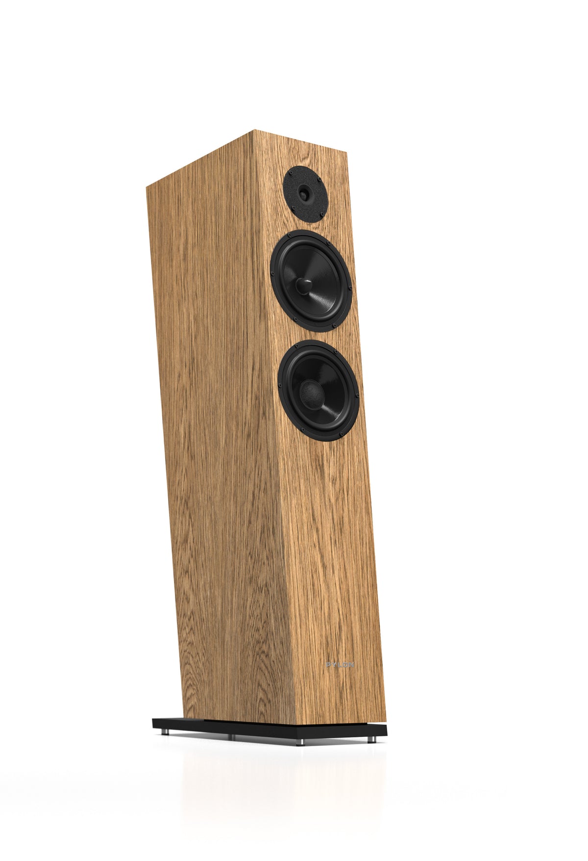 Oak-look tower speaker with two woofers and a tweeter, front angled view