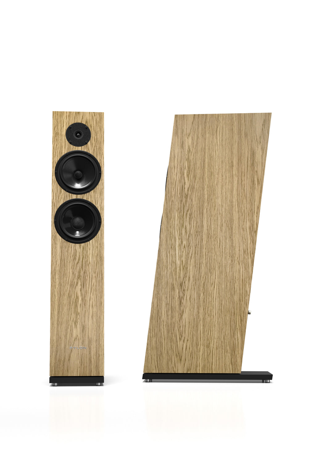 Pair of light wood tower speakers on stands, one front and one side