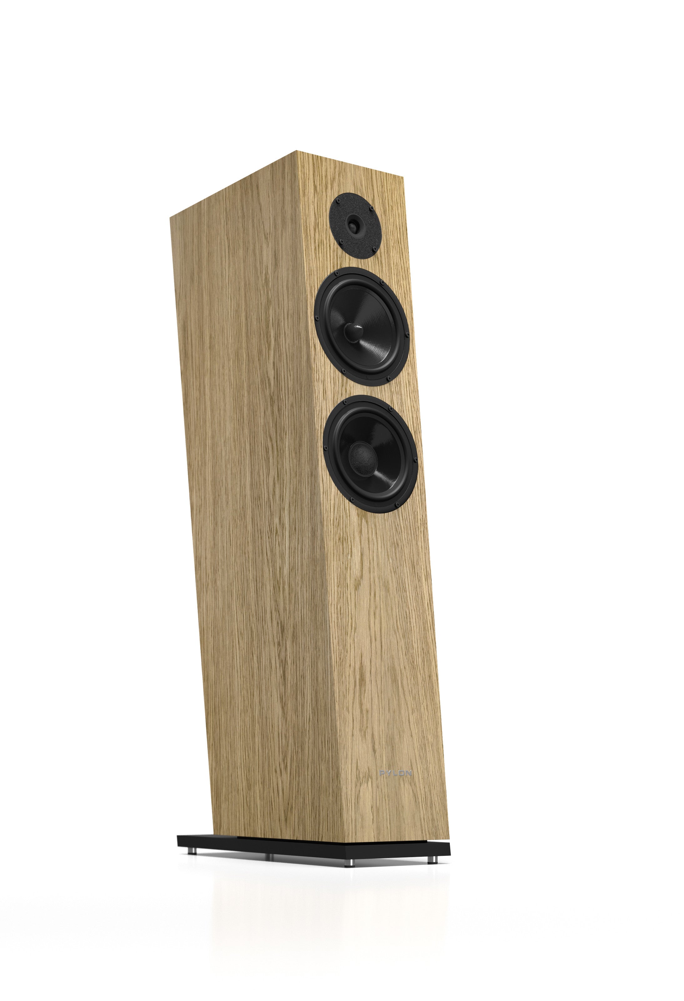 Natural wood tower speaker with two woofers and a tweeter, front view