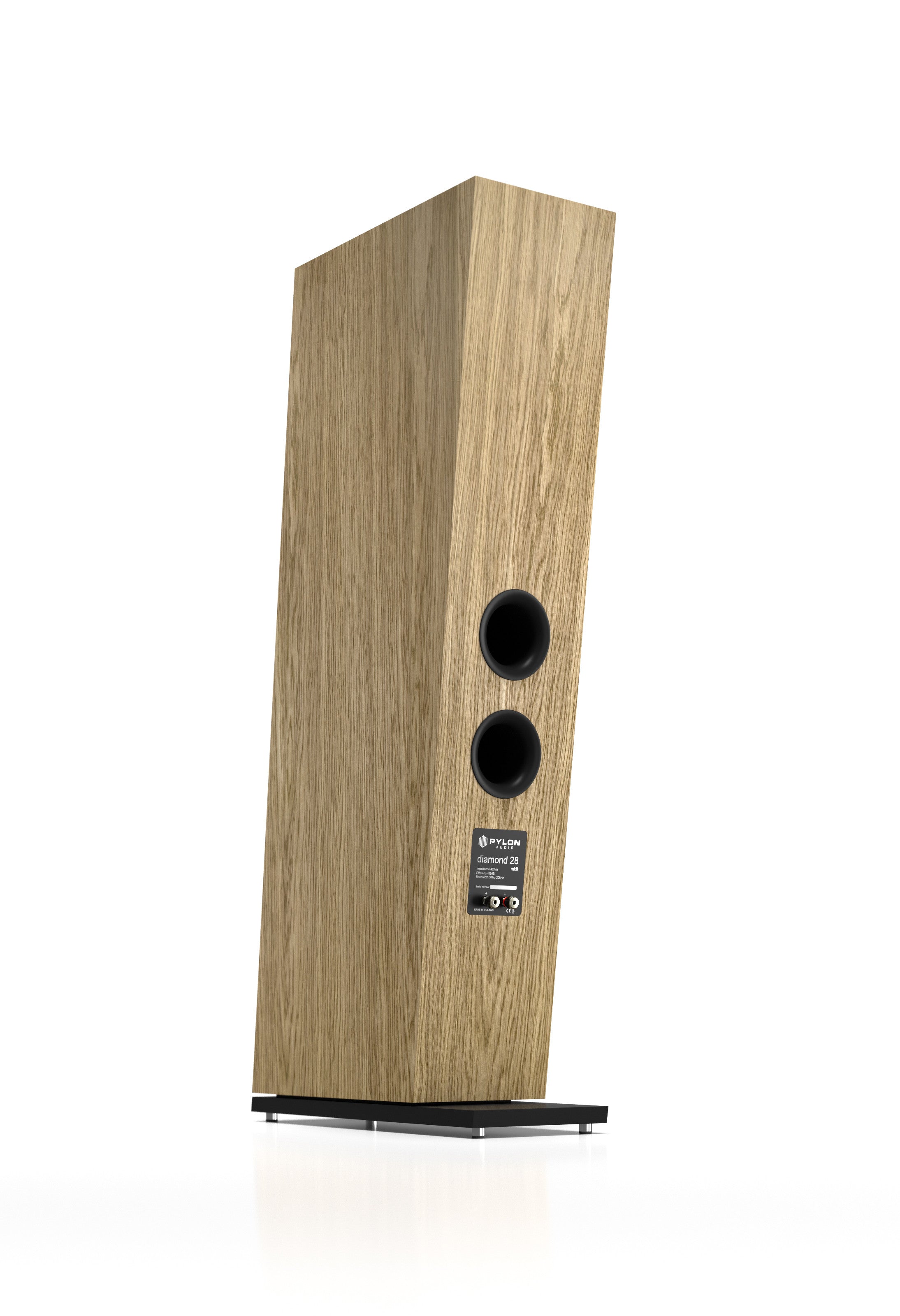 Light wood tower speaker with dual woofers and tweeter, rear/side panel visible