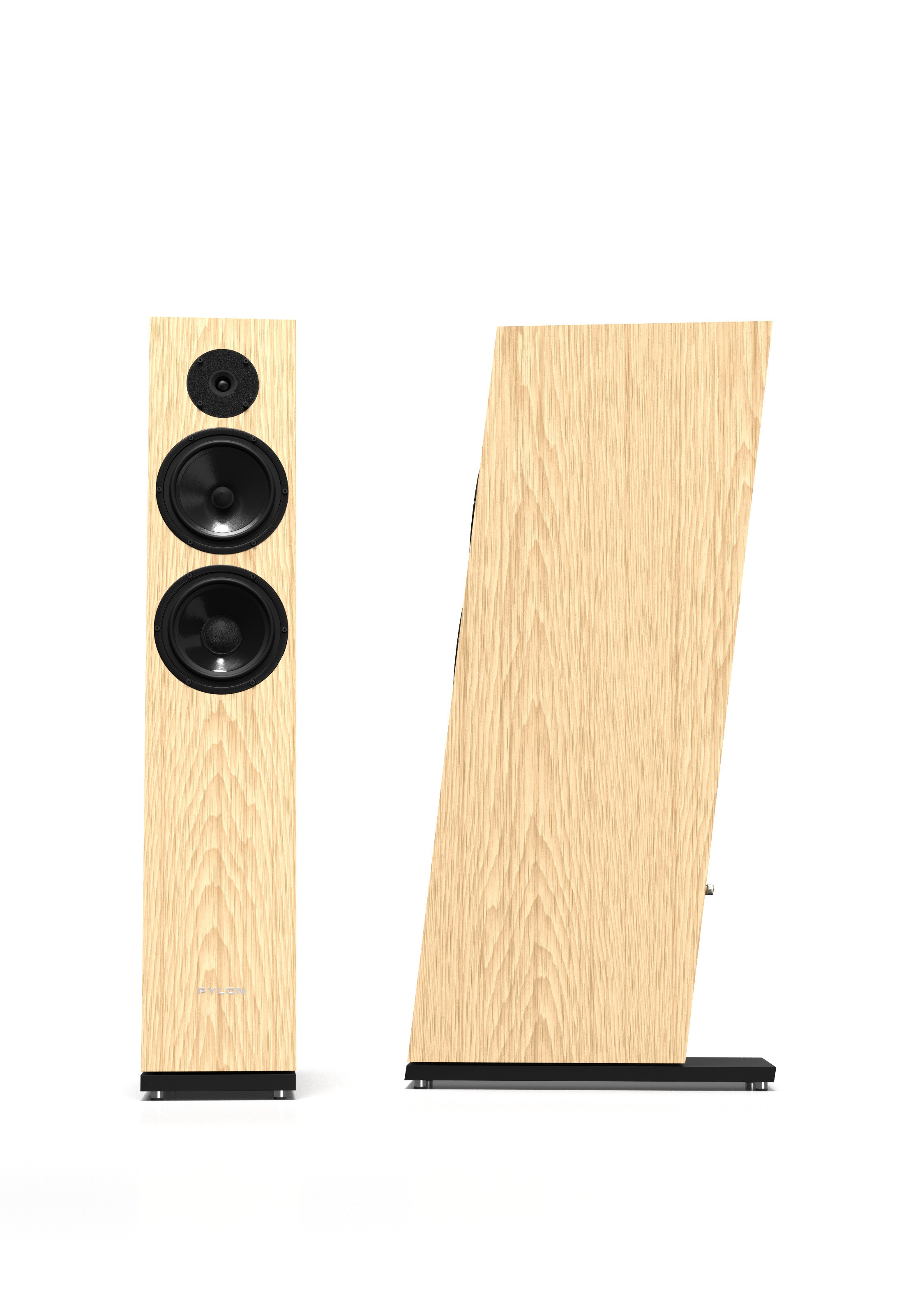 Pair of light wood tower speakers with dual drivers and stands, side-by-side