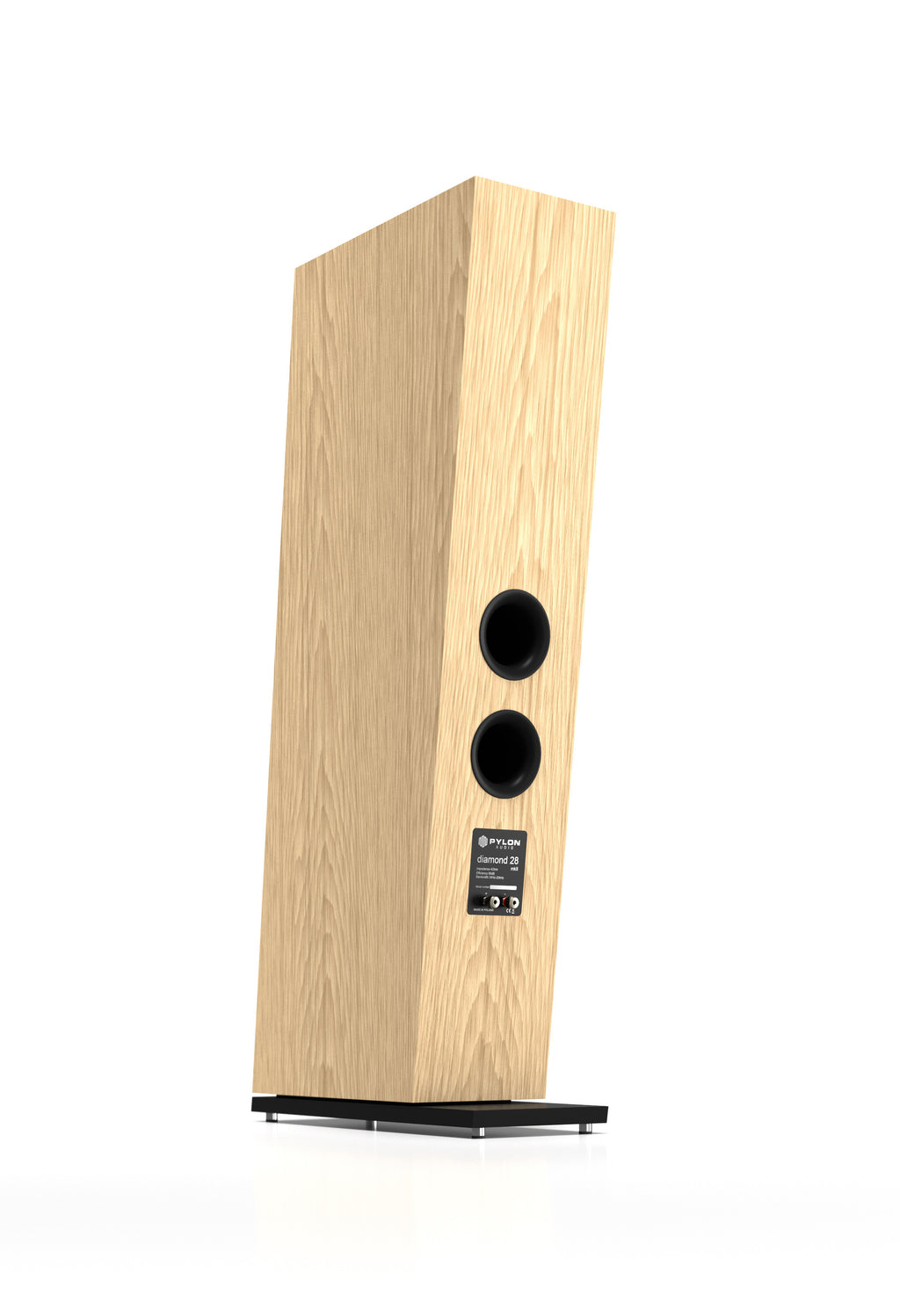 Light wood tower speaker with two drivers and rear label panel, side view