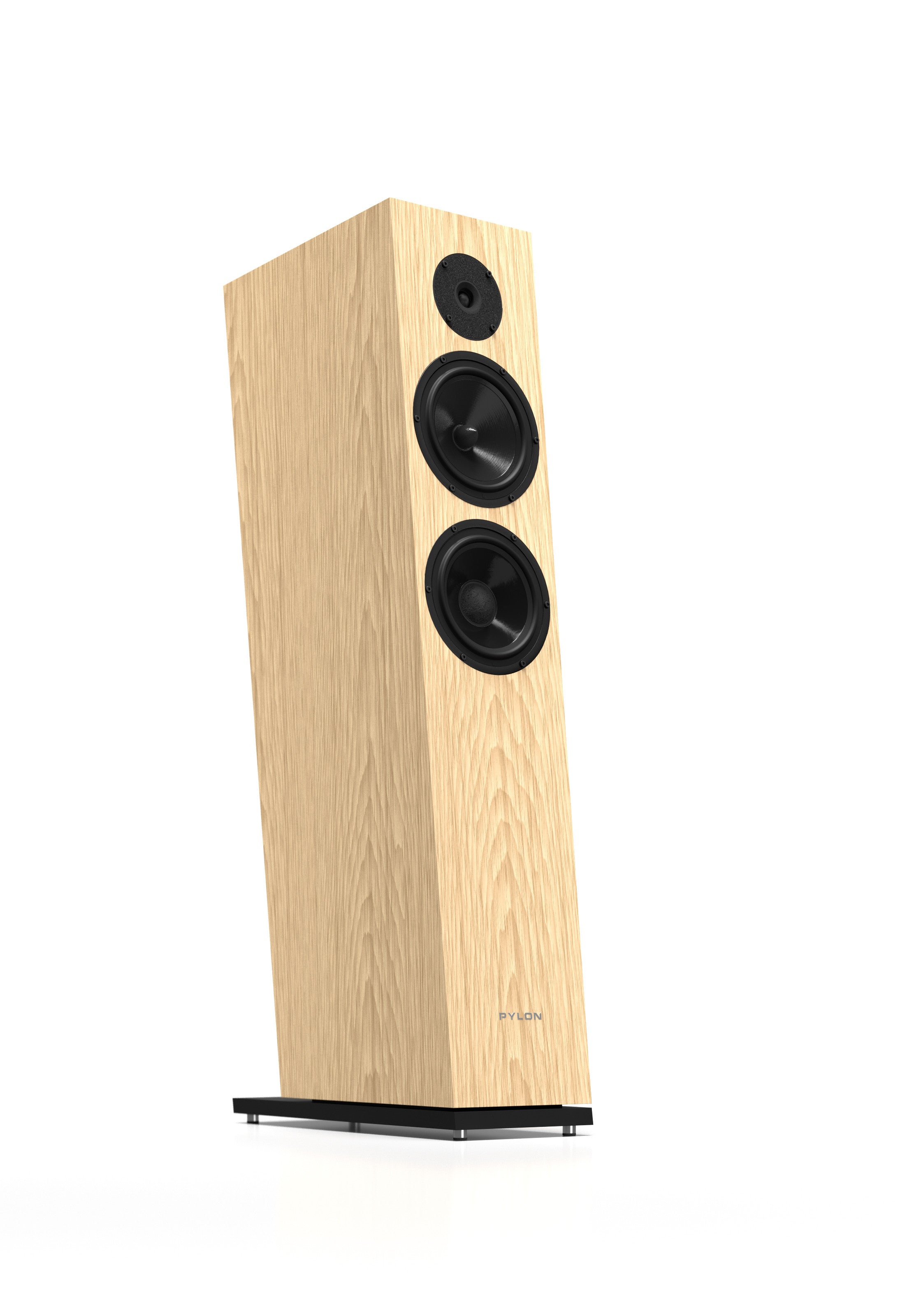 Light wood tower speaker with two woofers and a tweeter, front angled view