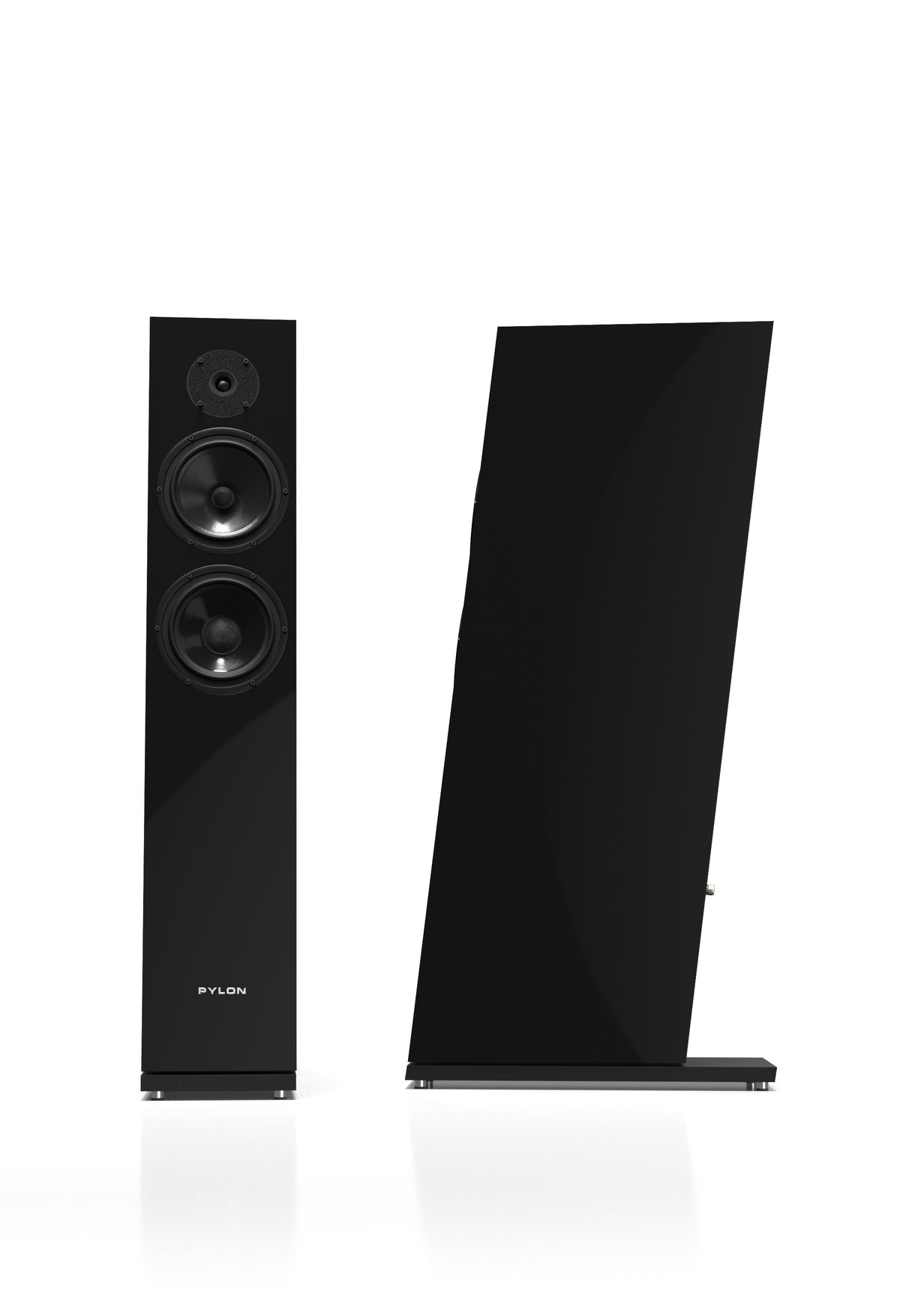 Black tower speaker with tweeter and dual woofers