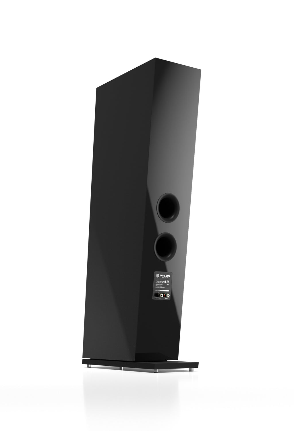 Black tower speaker side view with two drivers and base stand