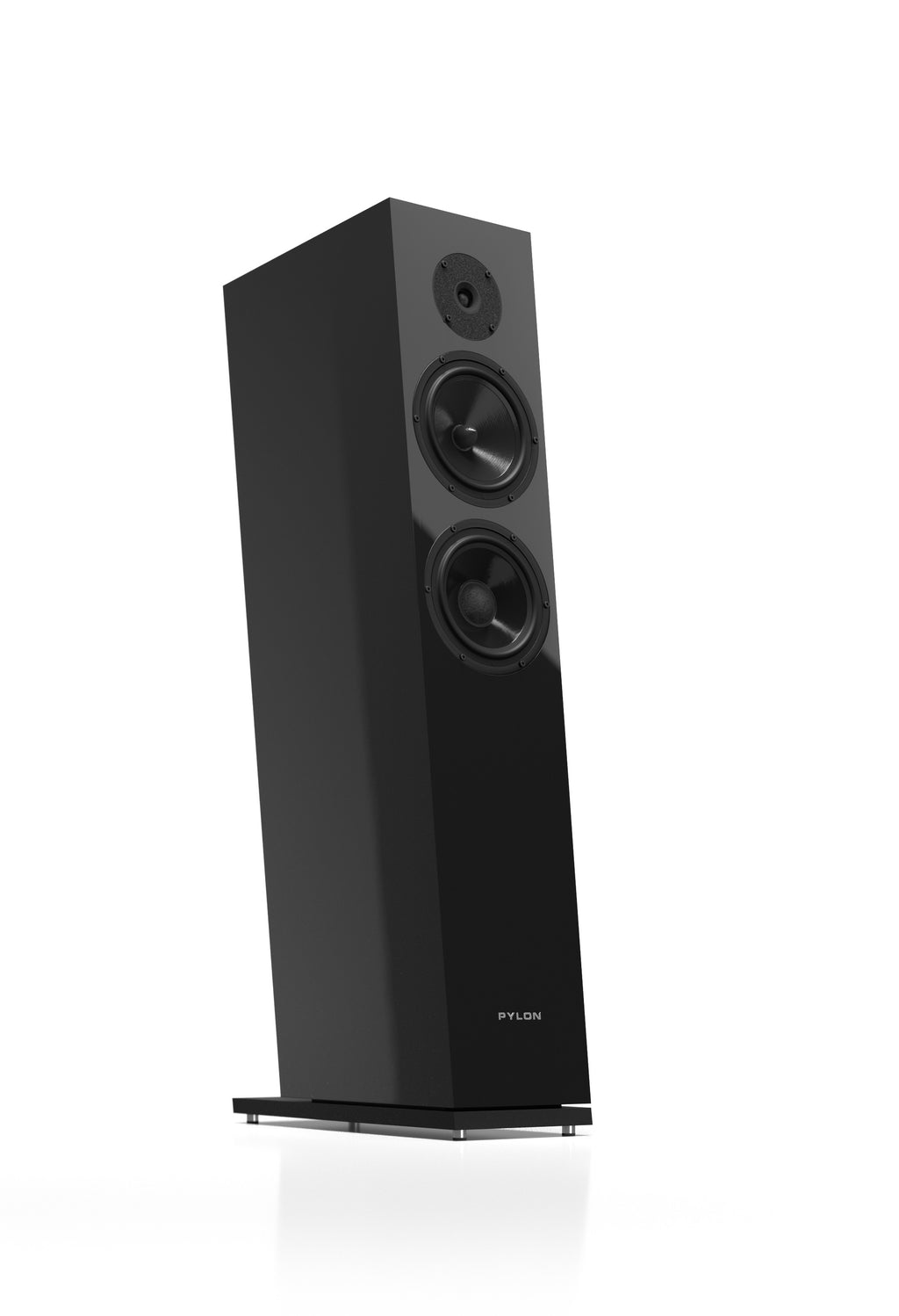 Black tower speaker front view with tweeter and two woofers
