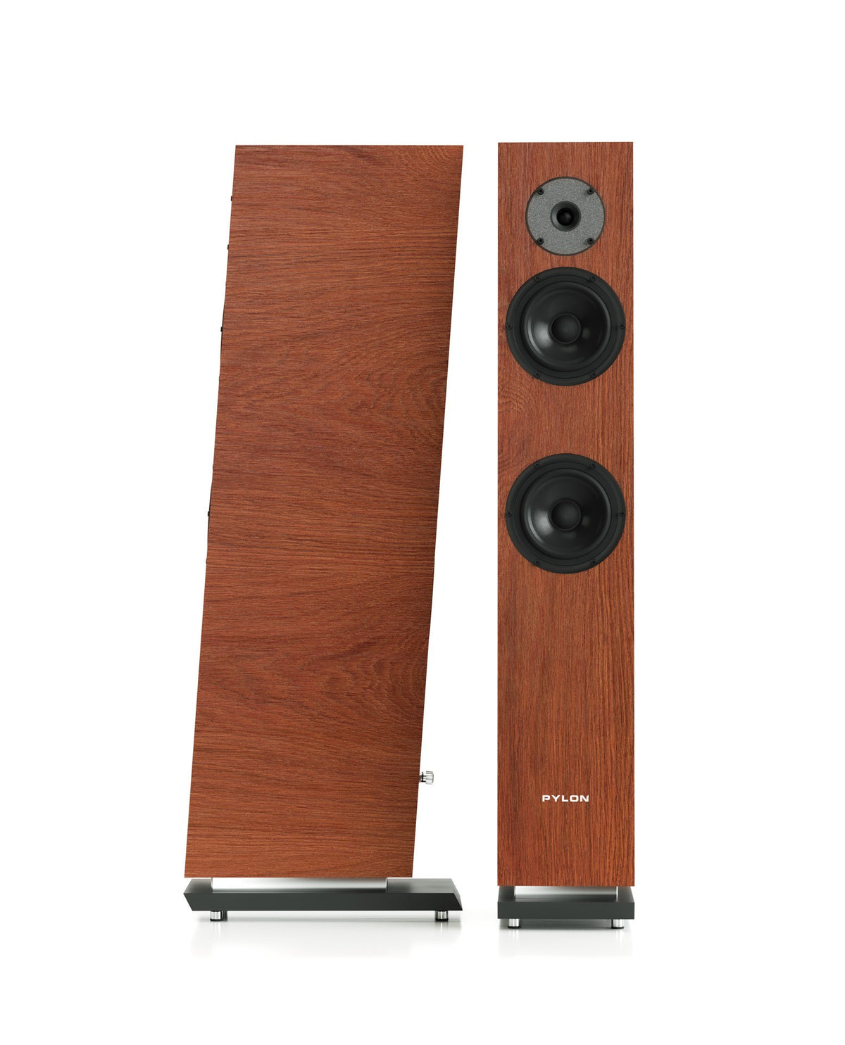 Wood bookshelf speakers with two front drivers and a tweeter, side-by-side view