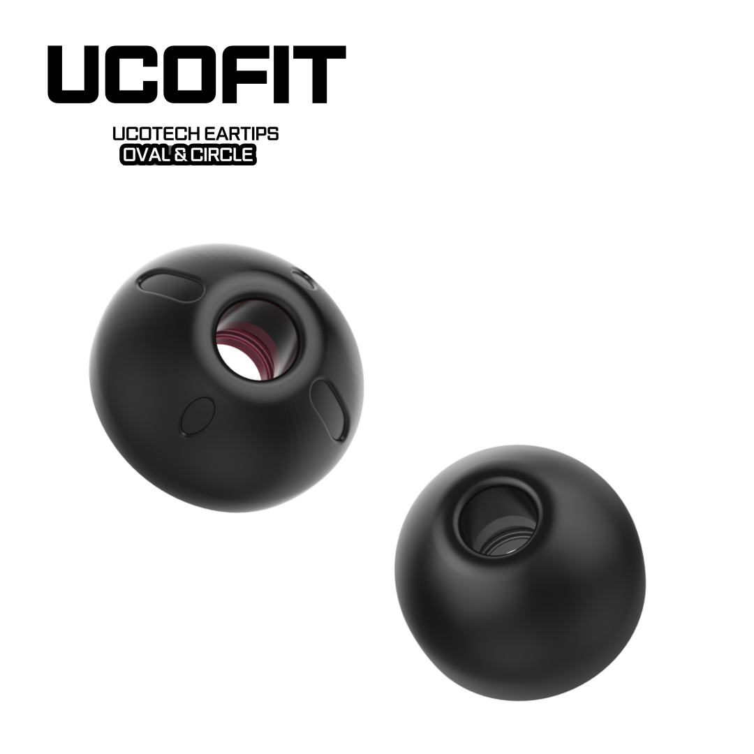 UCOFIT earbud tips in black, oval shape with central sound cutout
