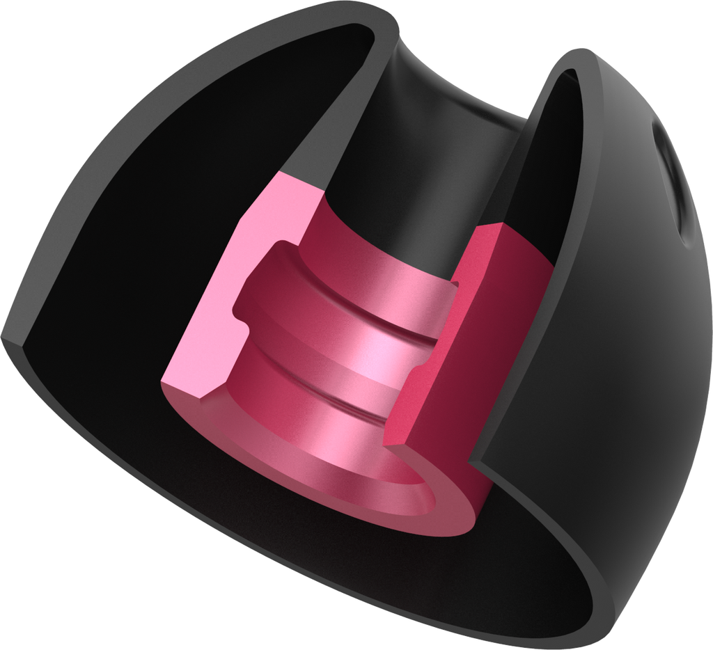 UCOFIT earbud tip cross-section, black outer shell with pink inner filter ring