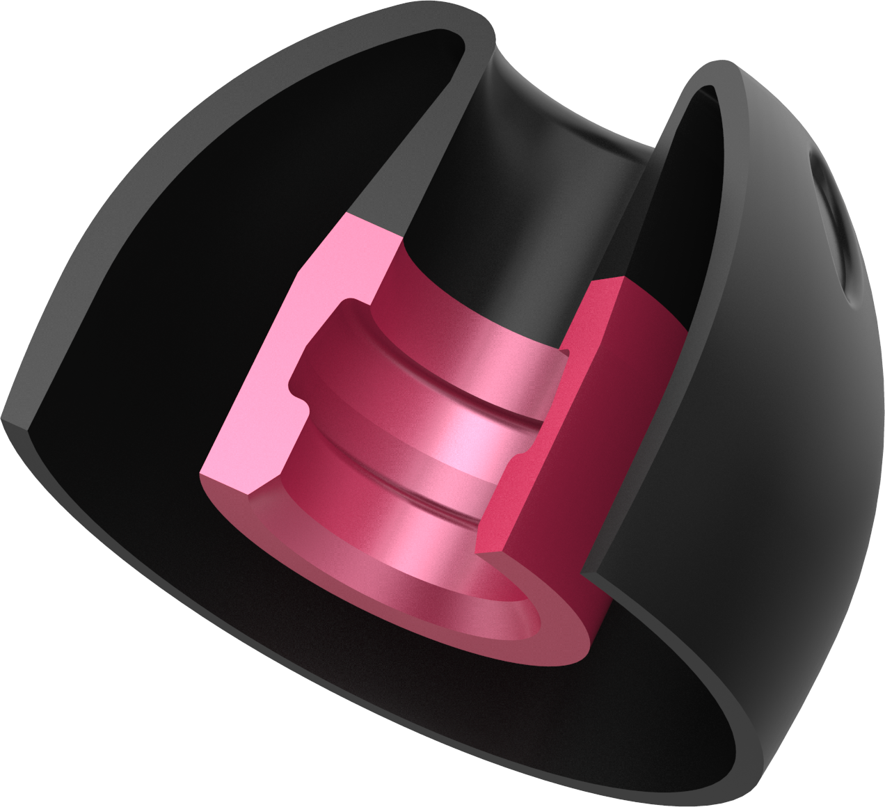 UCOFIT earbud tip cross-section, black outer shell with pink inner filter ring
