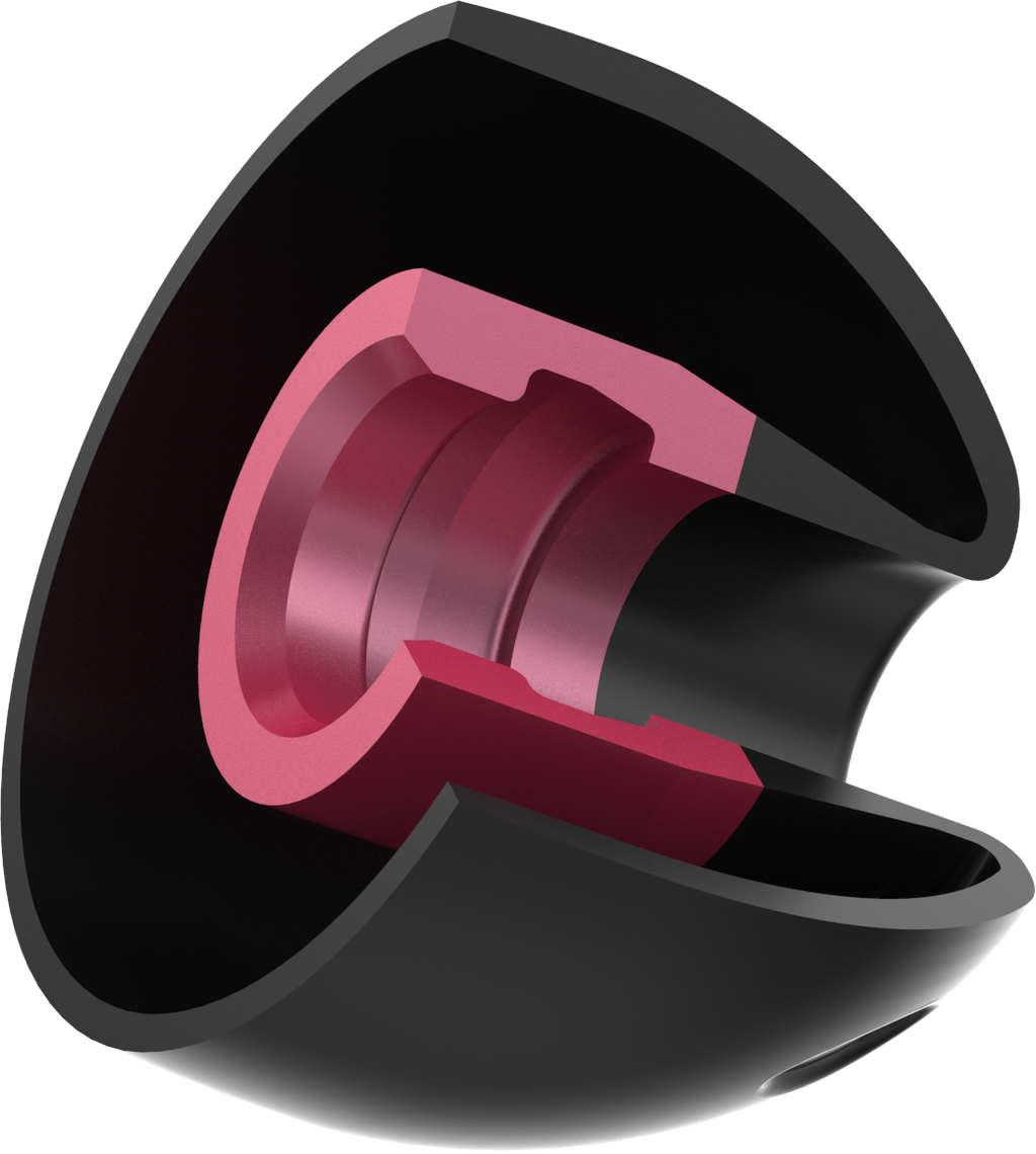 UCOFIT earbud tip cross-section showing inner ring channel and vent opening
