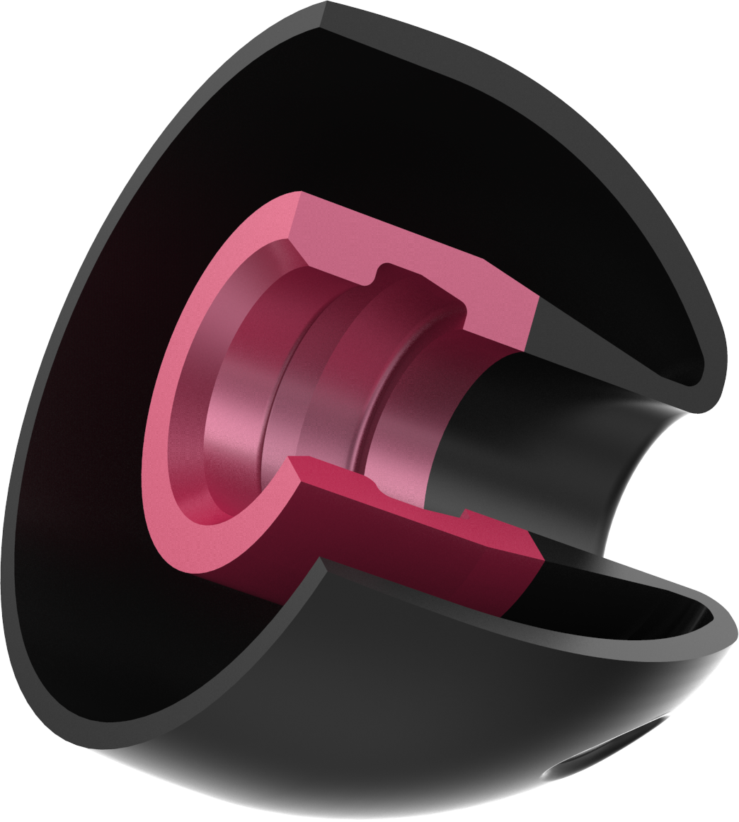 UCOFIT earbud tip cross-section showing inner ring channel and vent opening