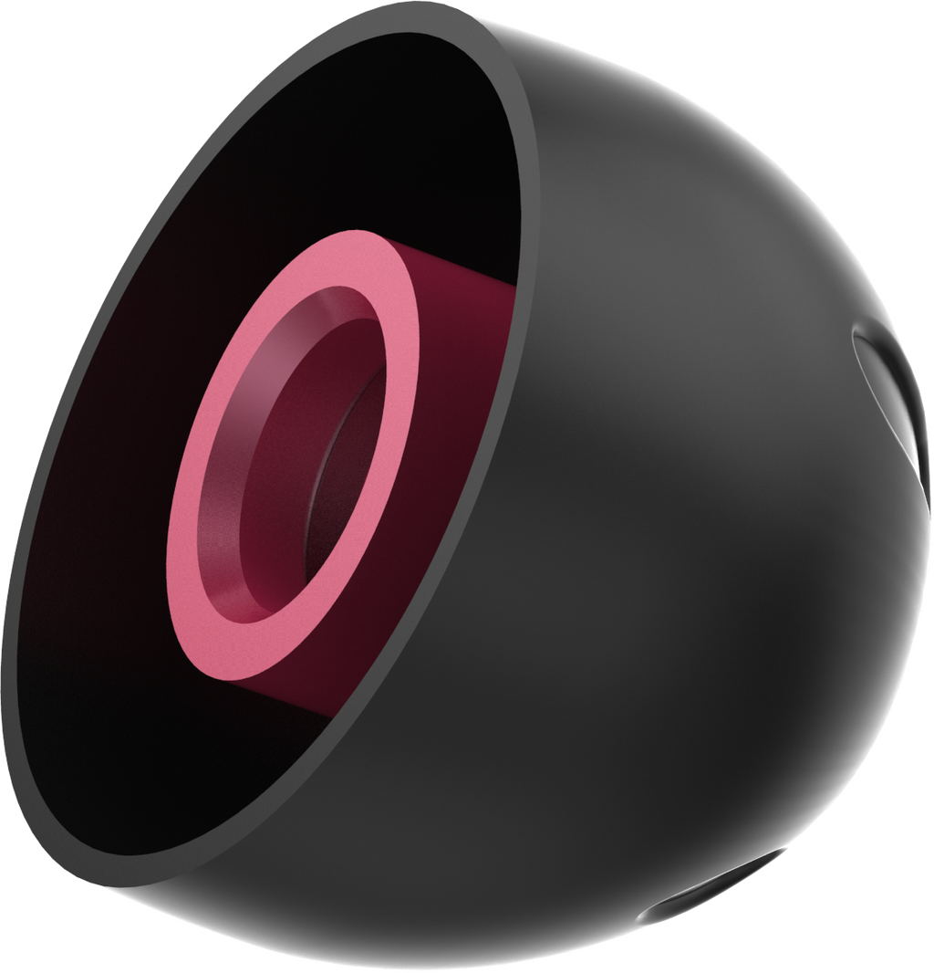 UCOFIT earbud tip side view, black outer body with pink inner ring opening