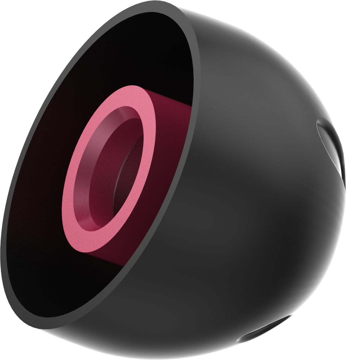 UCOFIT earbud tip side view, black outer body with pink inner ring opening