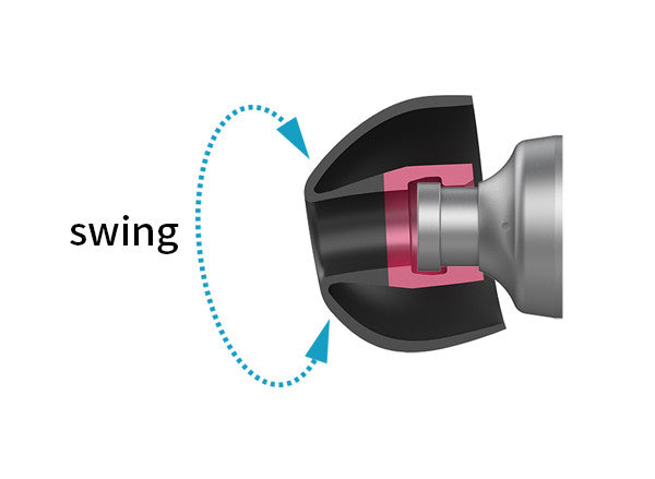 Nozzle assembly with black housing and pink airflow ring, swing motion arrows