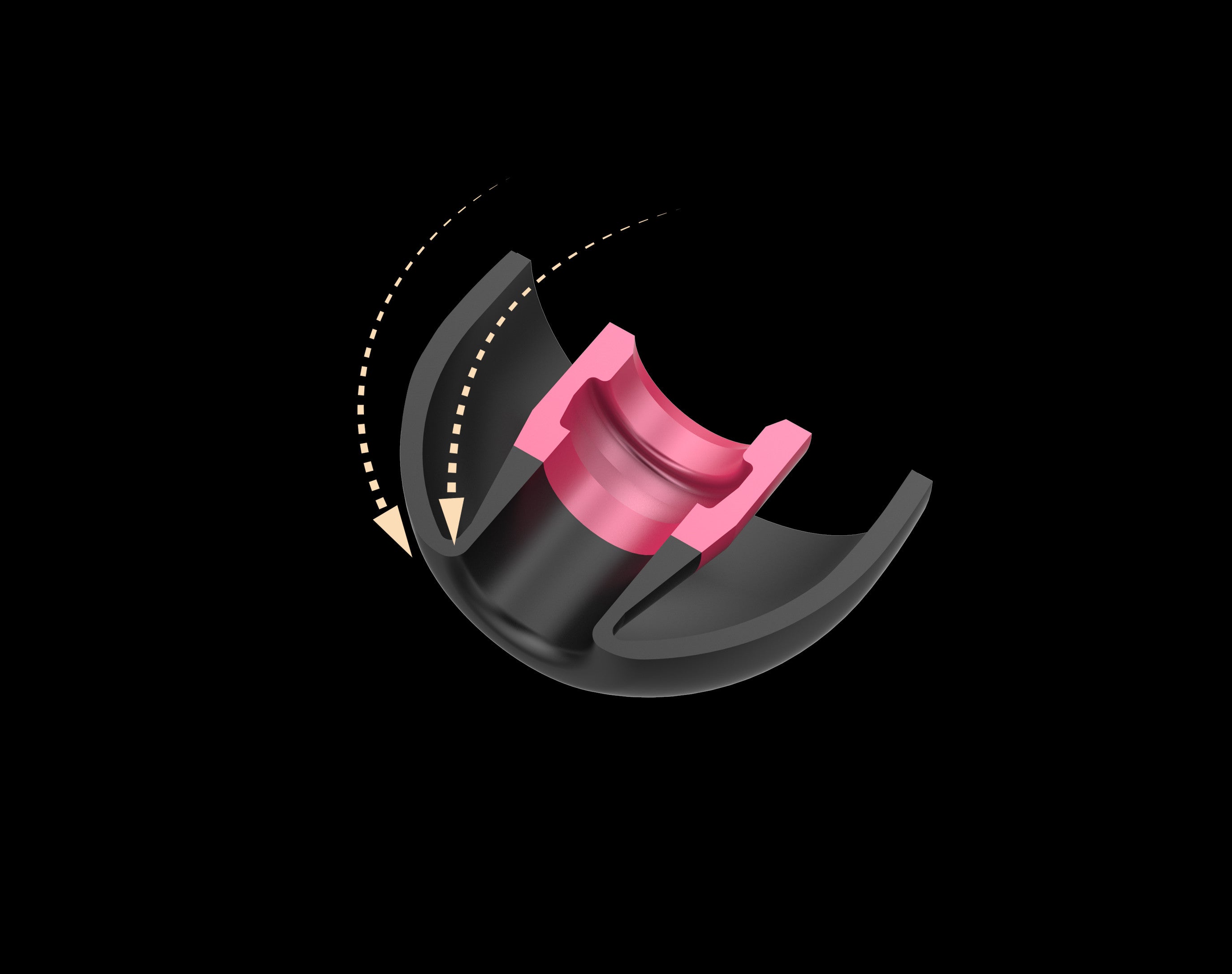 Black nozzle assembly with pink ring detail, curved airflow path markings