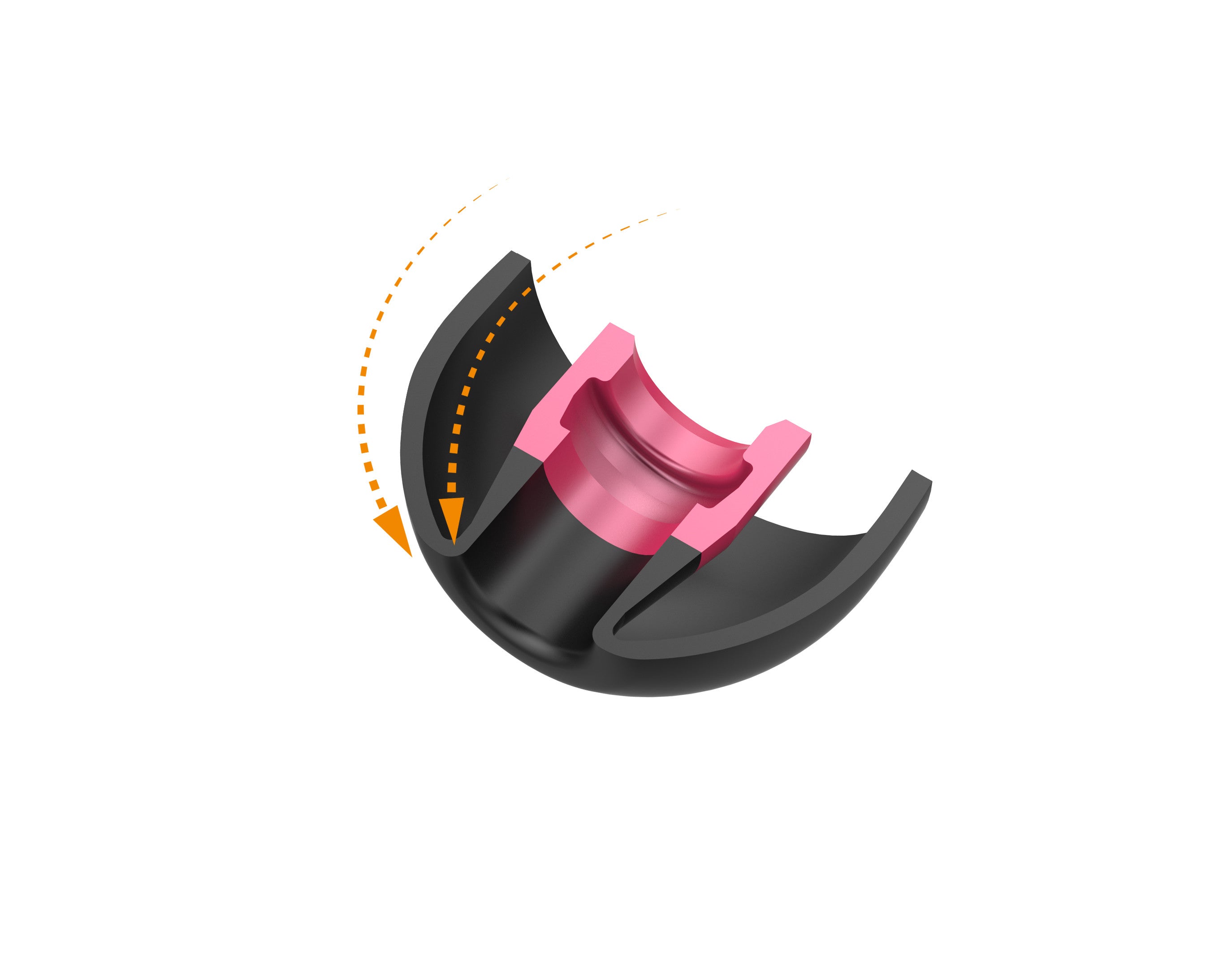 Black nozzle assembly with pink ring insert, angled view with airflow guide