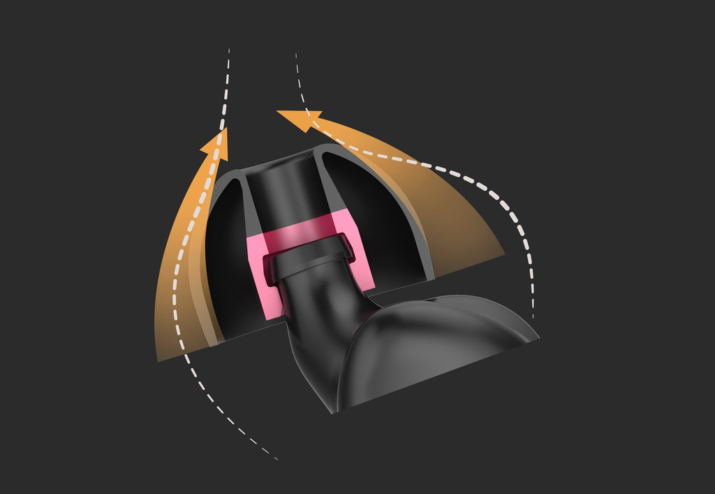 Cutaway nozzle assembly with black housing and pink ring, orange airflow direction