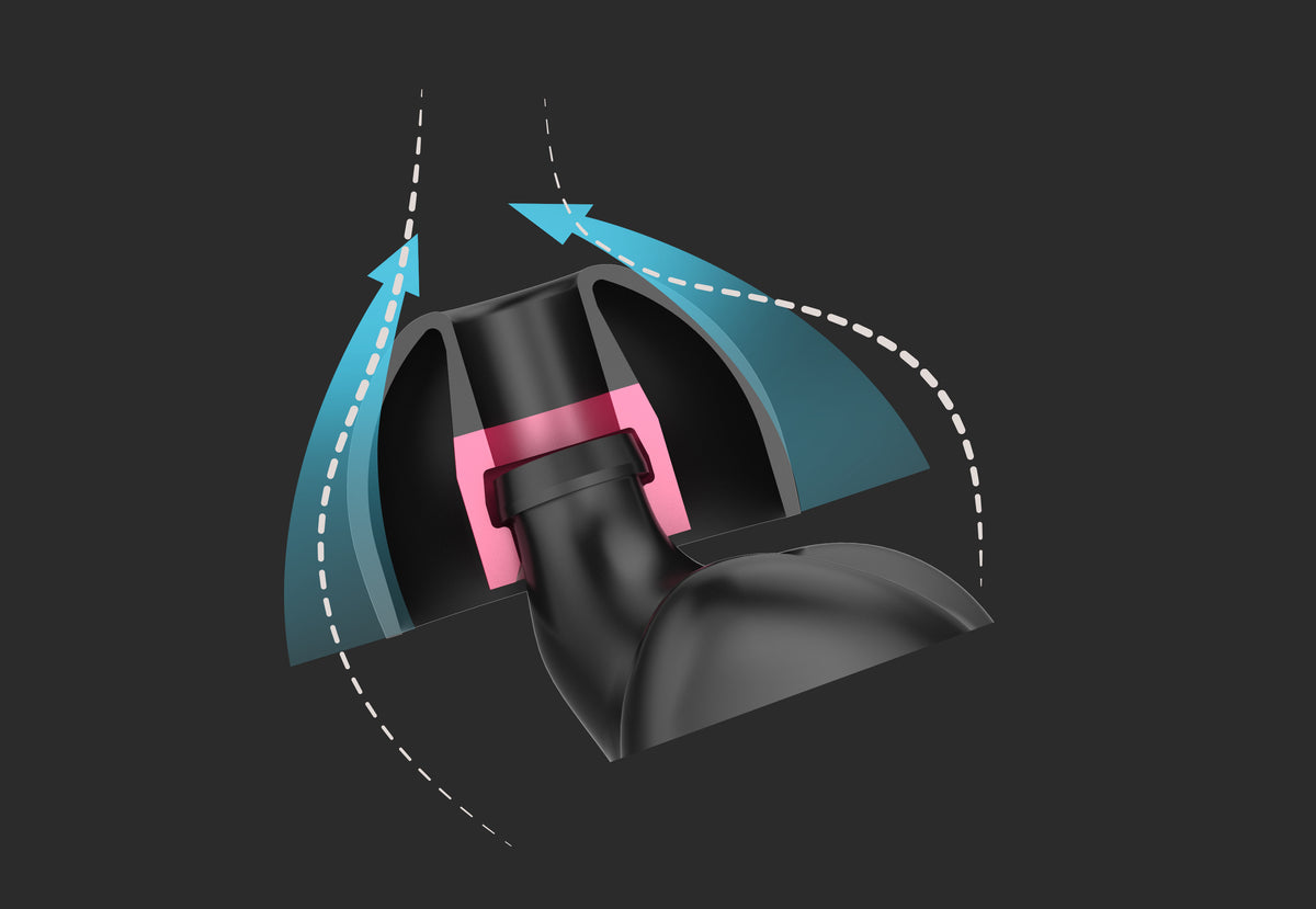 Cutaway nozzle assembly with black housing and pink ring, blue airflow direction
