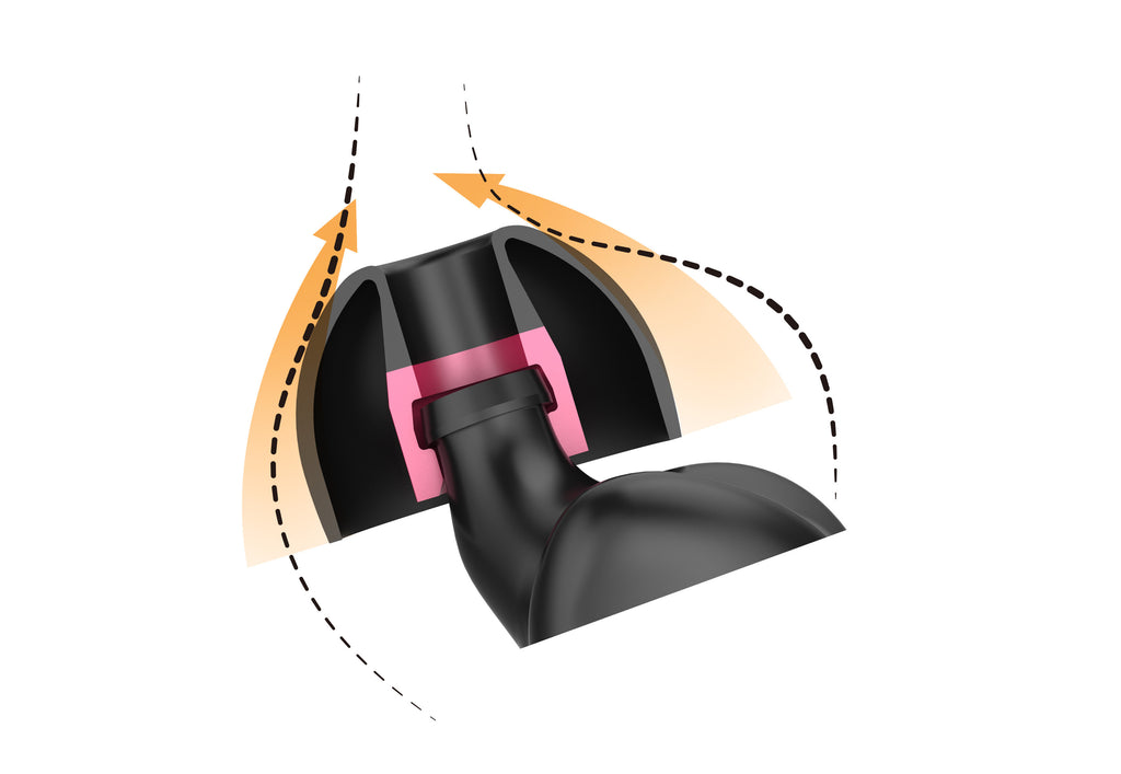 Cutaway nozzle assembly with black housing and pink ring, beige airflow direction