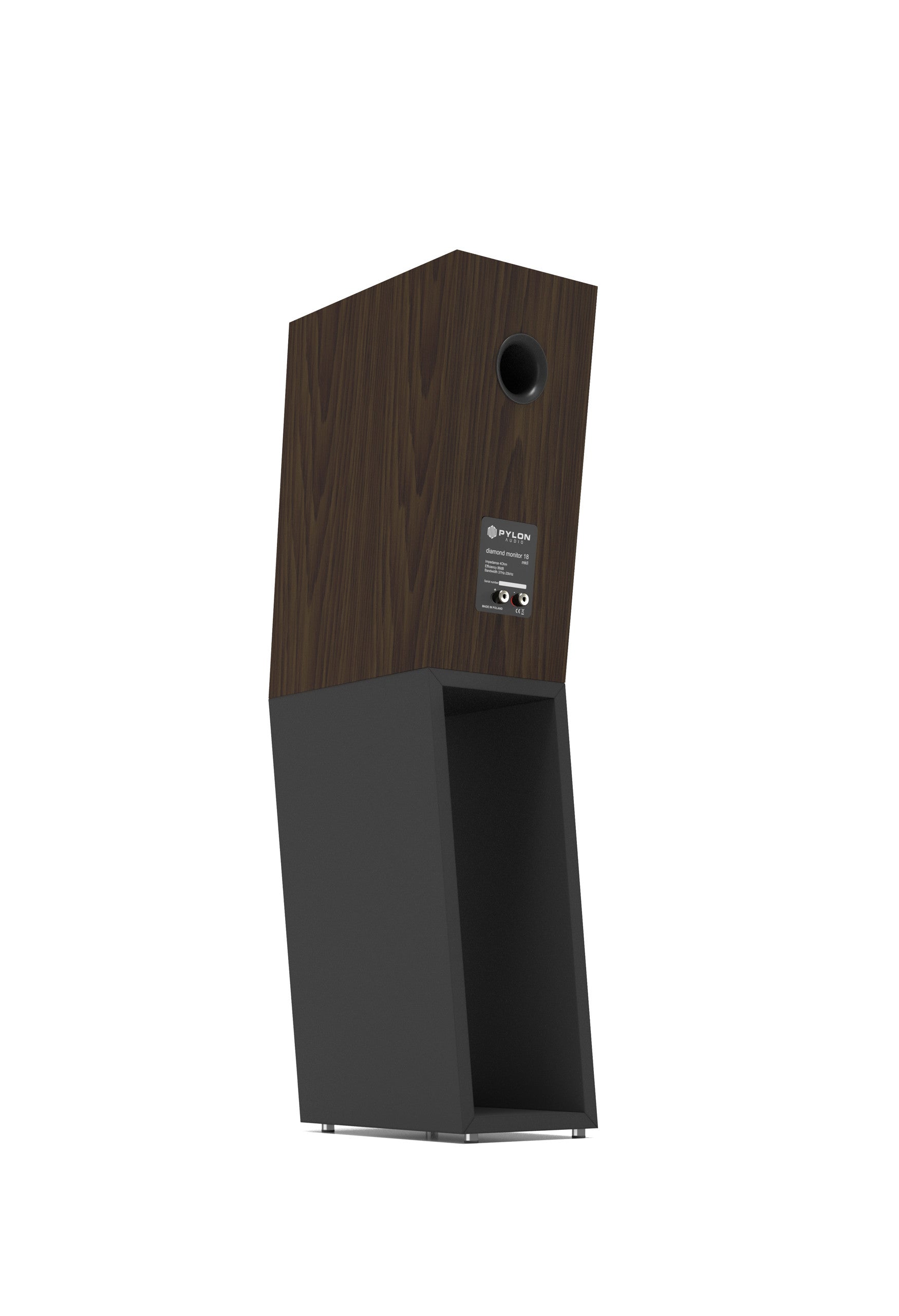 Standmount loudspeaker with dark wood veneer, front port and control panel