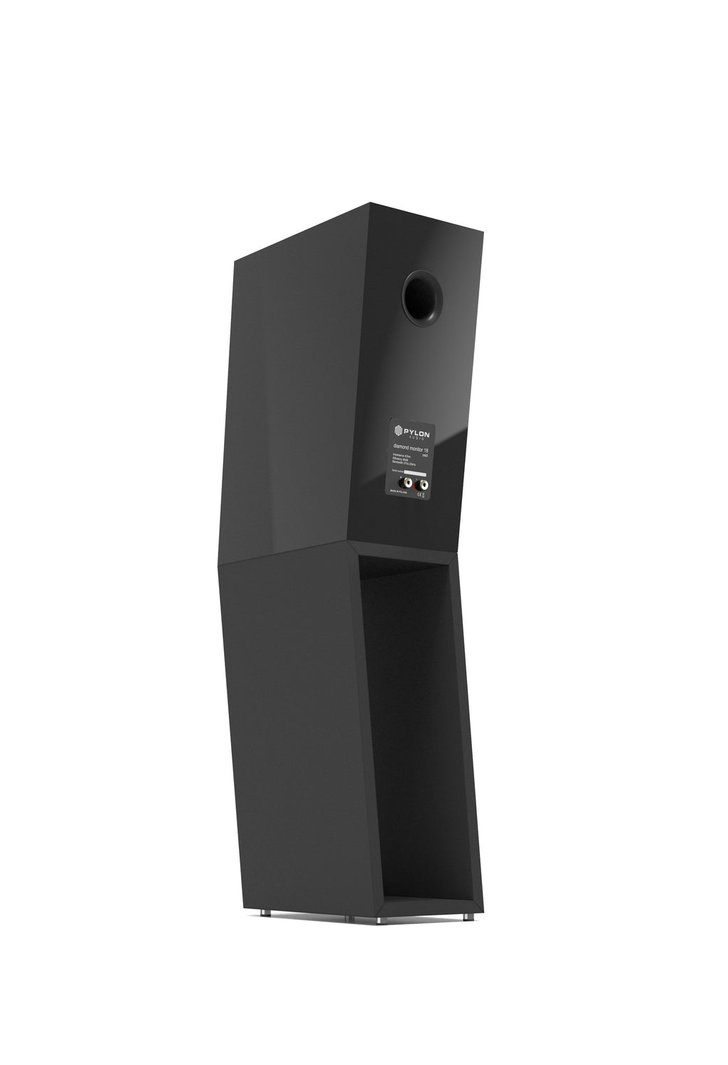 Standmount loudspeaker with black finish, front port and control panel